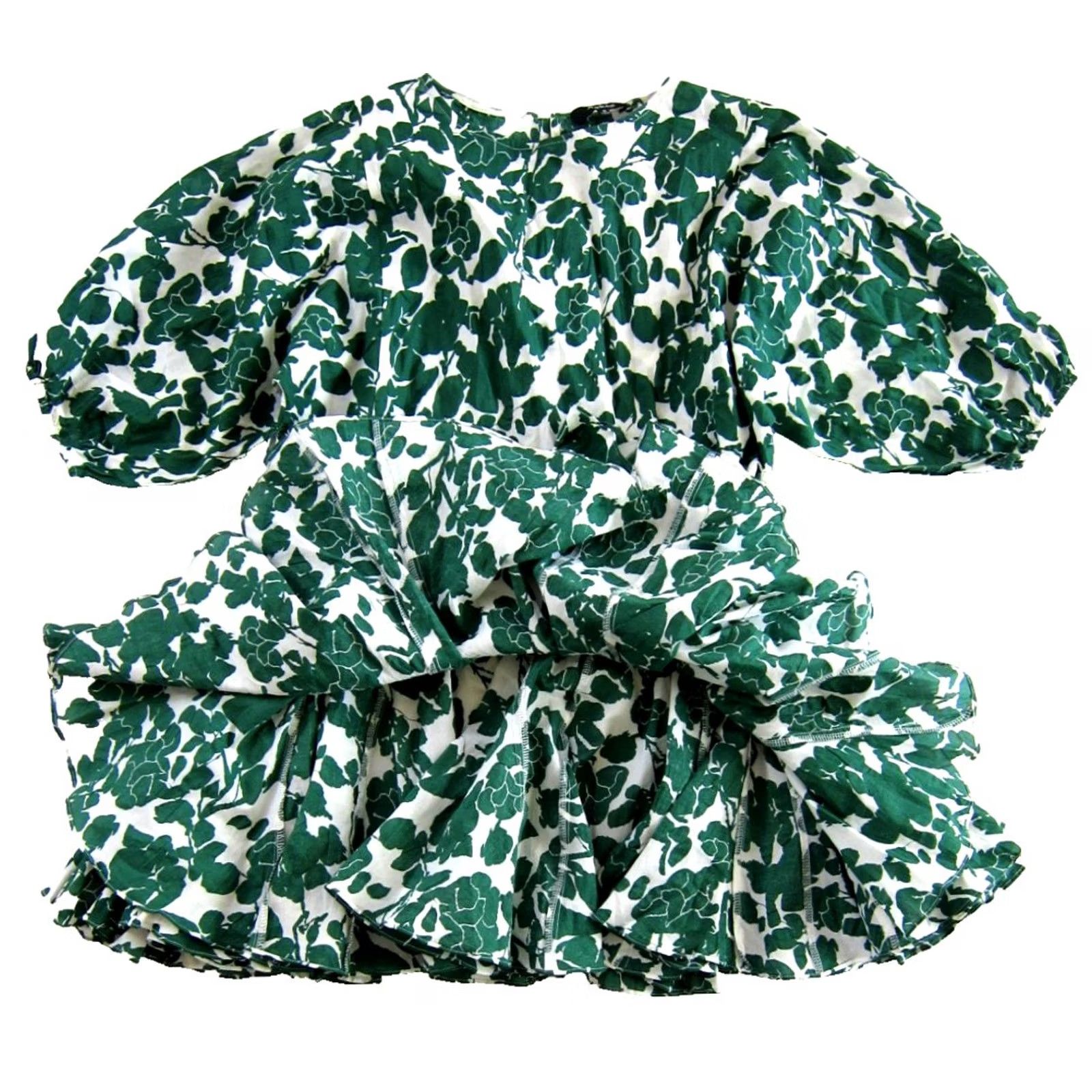 Vintage Aakaa Green White Floral 3/4 Sleeve Boat Neck Mini Smock Dress Woman Small Size S / US 4 / IT 40 - 4 Thumbnail