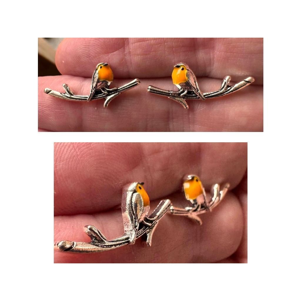 Handmade Robin Bird Earrings Ear Climbers New Orange Silver Tree Bran Size ONE SIZE - 8 Thumbnail