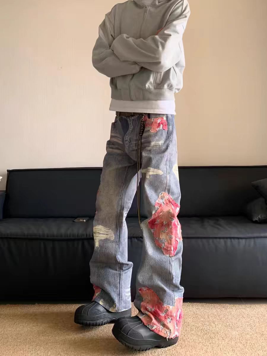 Street vintage washed print patchwork flare baggy jeans