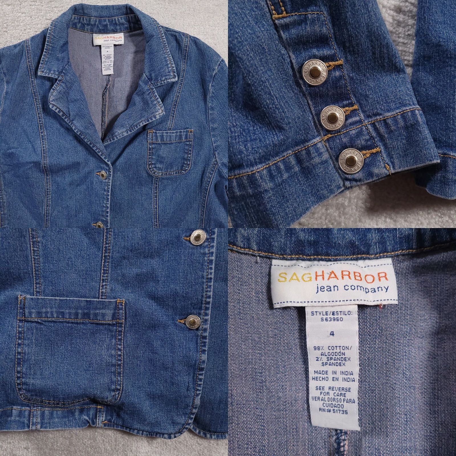 Vintage SagHarbor Blue Jean Jacket Womens 4 Stretch Denim Button Up Pockets Collared Jacket Size 27" / US 4 / IT 40 - 8 Thumbnail