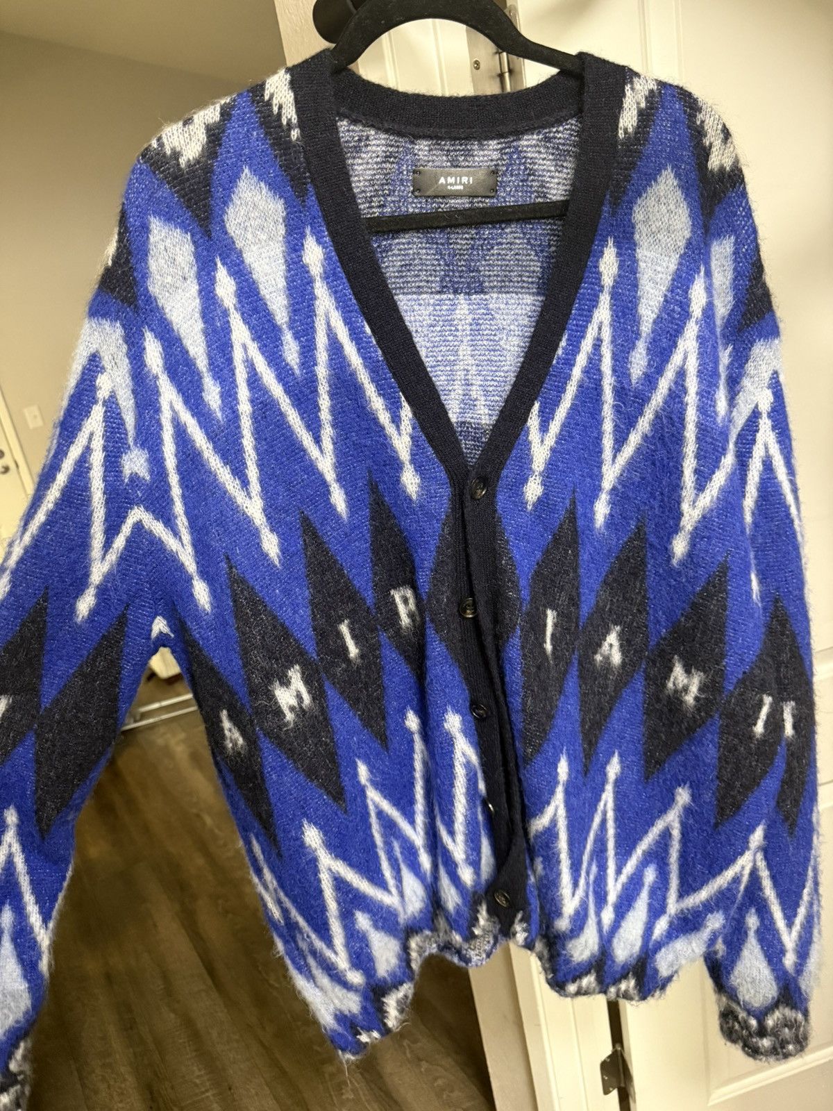 Amiri AMIRI Argyle Monogram Mohair/Alpaca Cardigan Sweater Blue Size US XL / EU 56 / 4 - 1 Thumbnail