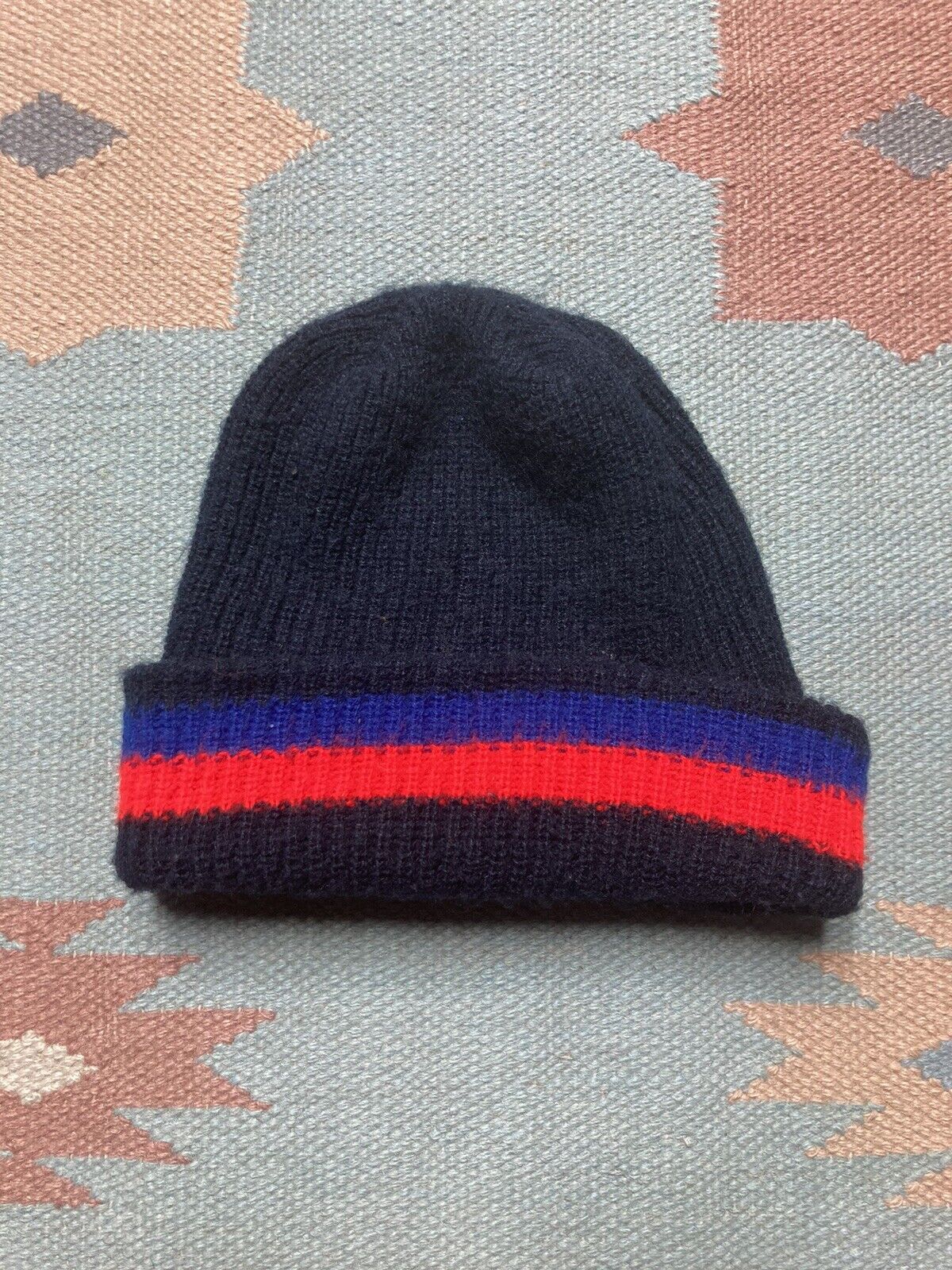 Scully × Vintage Vtg skull cap beanie hat striped tri tone acrylic knit red Size ONE SIZE - 2 Thumbnail