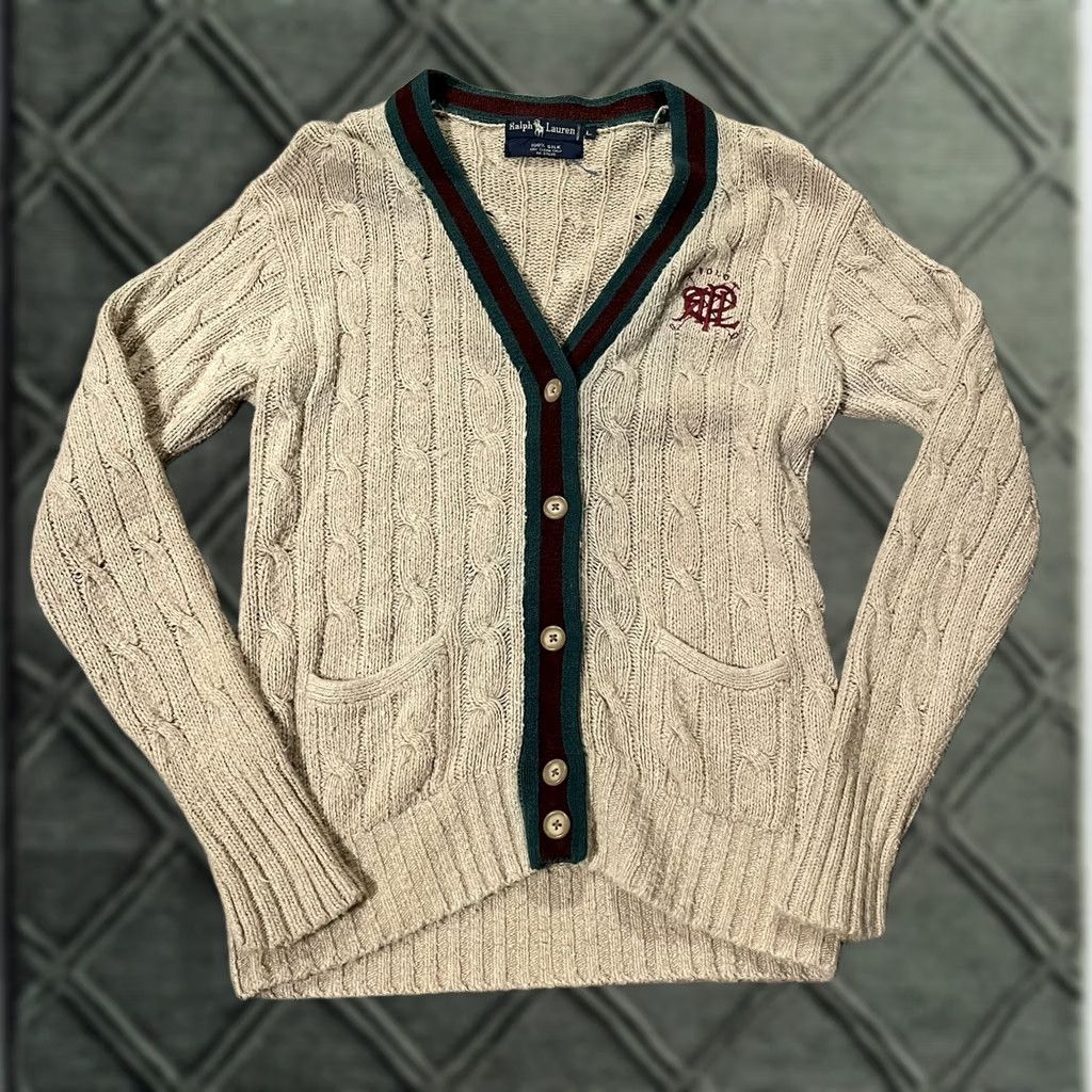 Polo Ralph Lauren VINTAGE Polo Ralph Lauren Badge Cardigan Sweater L Mens Beige Wool Silk Stadium Scribble 90s Flag Decade/Cardigan/Beige/Men/L Size US L / EU 52-54 / 3 - 1 Thumbnail