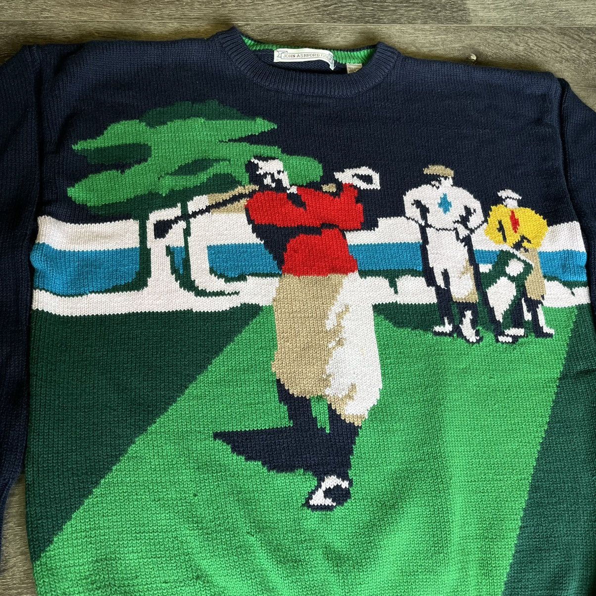 John Ashford × Vintage Vintage 1990s John Ashford Golf Knit All Over Logo Sweater Size US XL / EU 56 / 4 - 2 Thumbnail