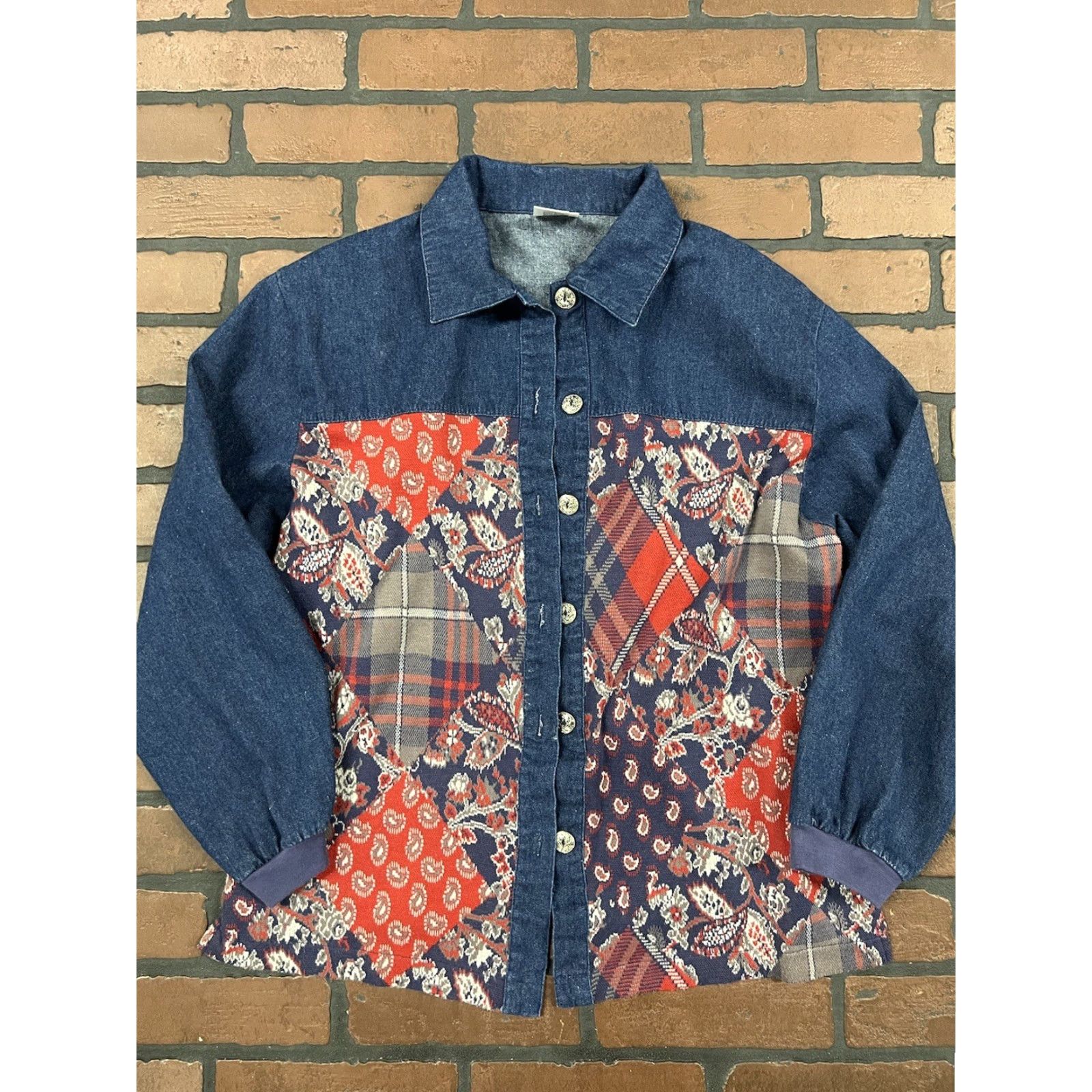 Denime Aileen Denim Paisley Patchwork Button Down Jacket Womens L Multicolor Size L / US 10 / IT 46 - 2 Thumbnail