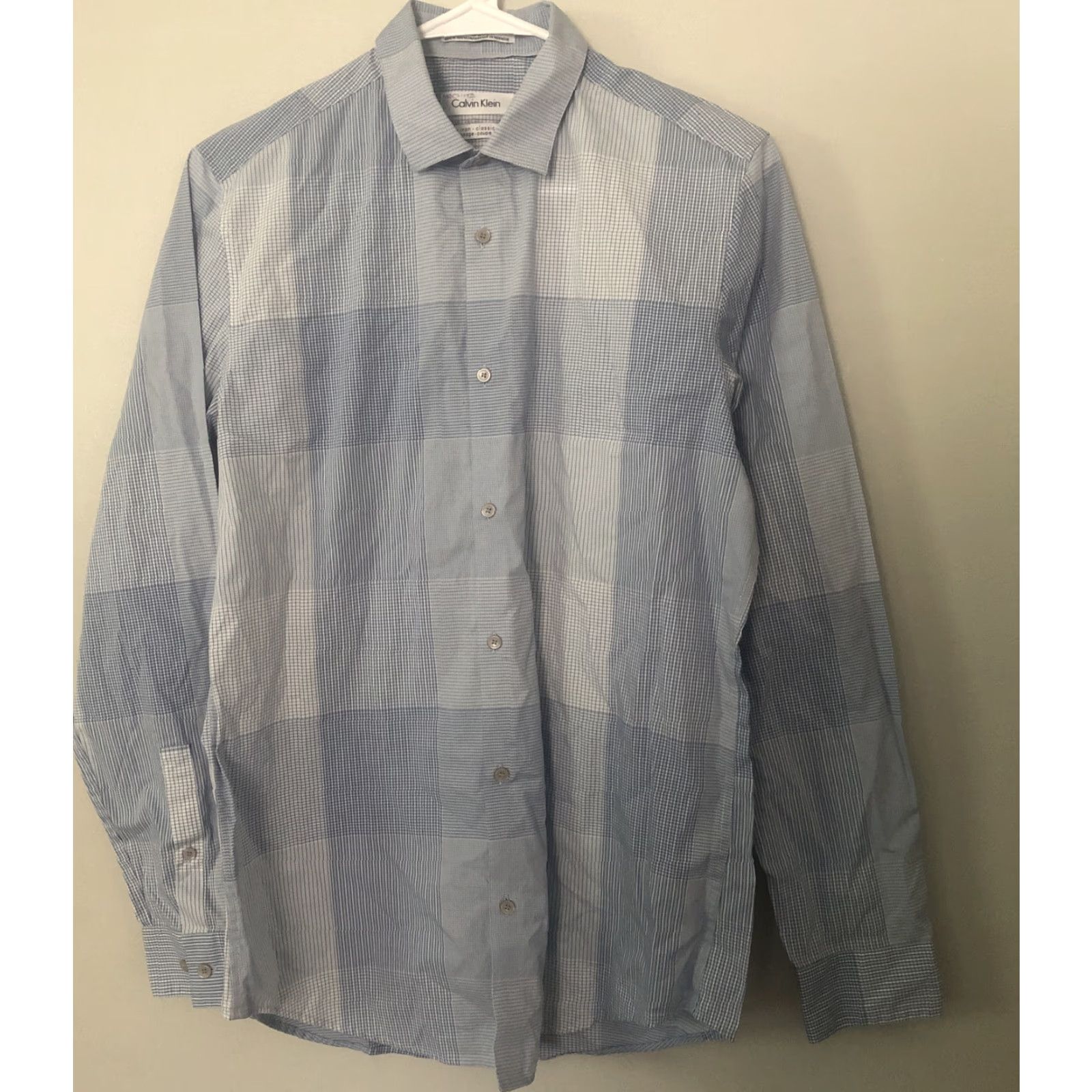 Calvin Klein Calvin Klein Dress Shirt Mens Classic S Fit 14 1/2 Blue Plaid Non-Iron Button-Down Collared Long Sleeve Size 36R - 2 Thumbnail