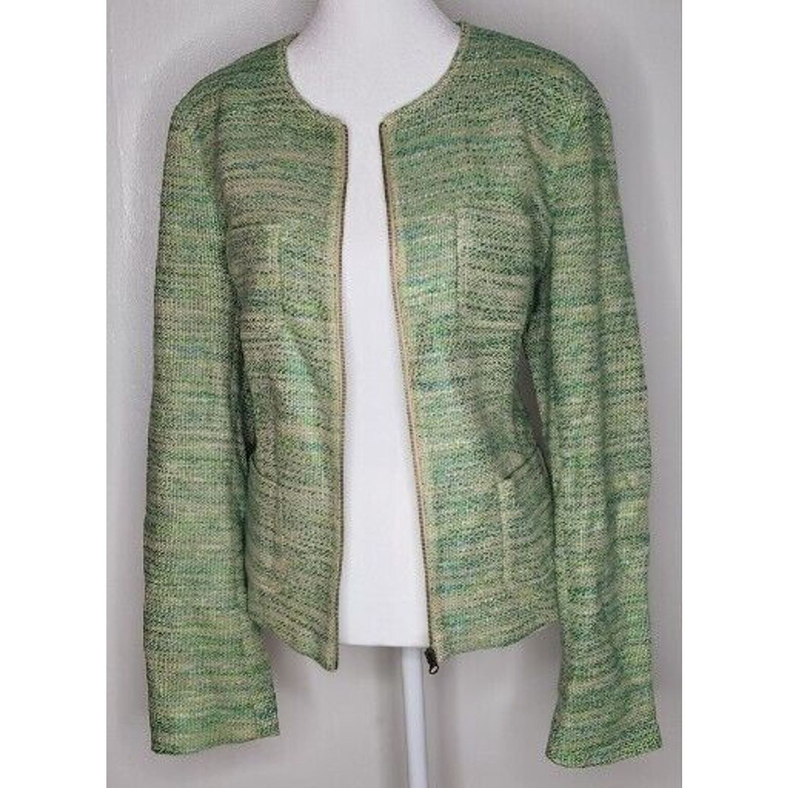 J. Jill J. Jill Women's Blazer No Collar Tweed Zip Jacket Green Size M / US 6-8 / IT 42-44 - 3 Thumbnail