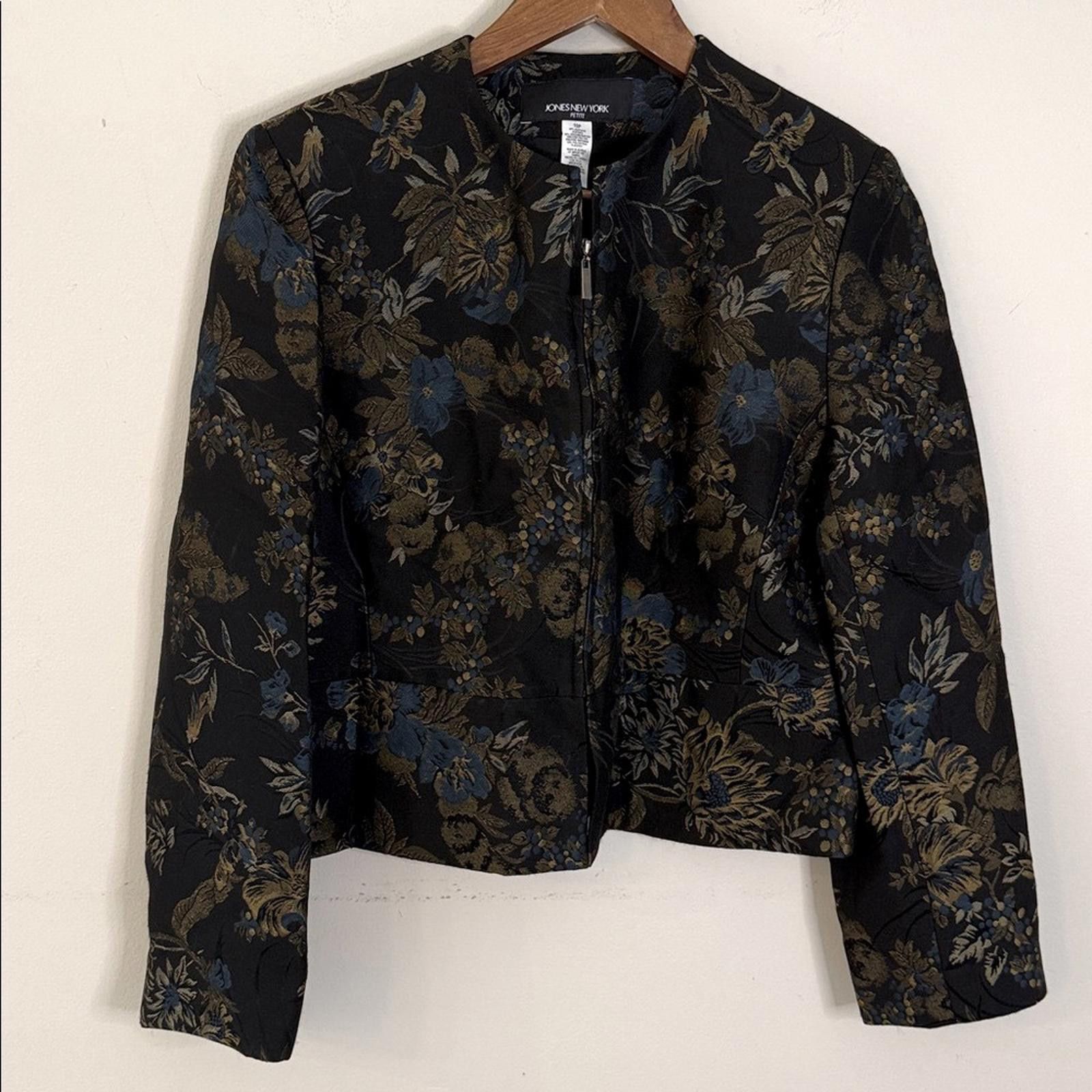 Jones New York Jones New York Black Blue Gold Floral Zip Jacket SZ 10P Size L / US 10 / IT 46 - 1 Thumbnail