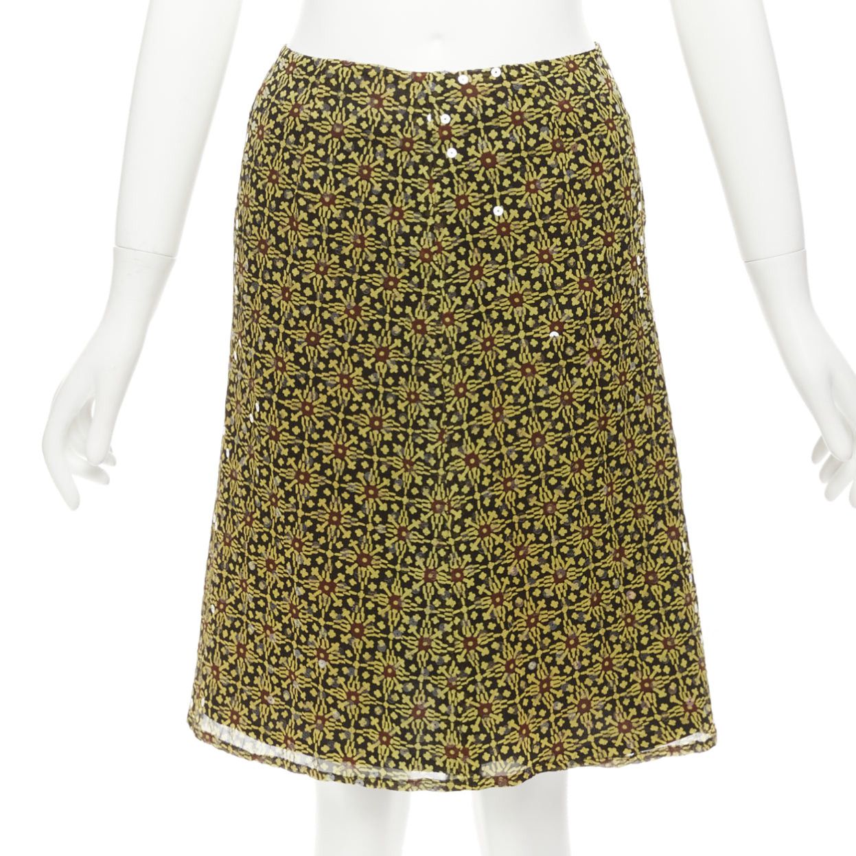 Versus VERSUS Vintage 100% silk yellow black sequins mid rise knee skirt 26" Size 27" / US 4 / IT 40 - 1 Thumbnail
