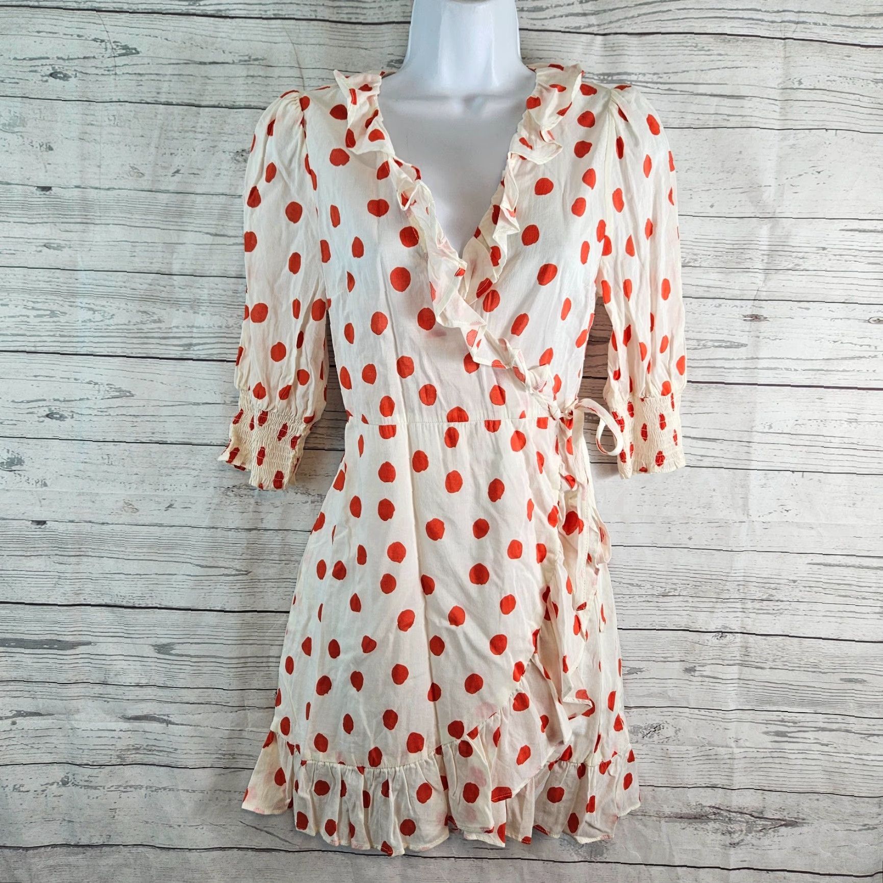 RIXO Rixo for Target Womens Wrap Dress XS Red 3/4 Sleeve Ruffle Polka Dot V-Neck Tie Dress Size XS / US 0-2 / IT 36-38 - 2 Thumbnail