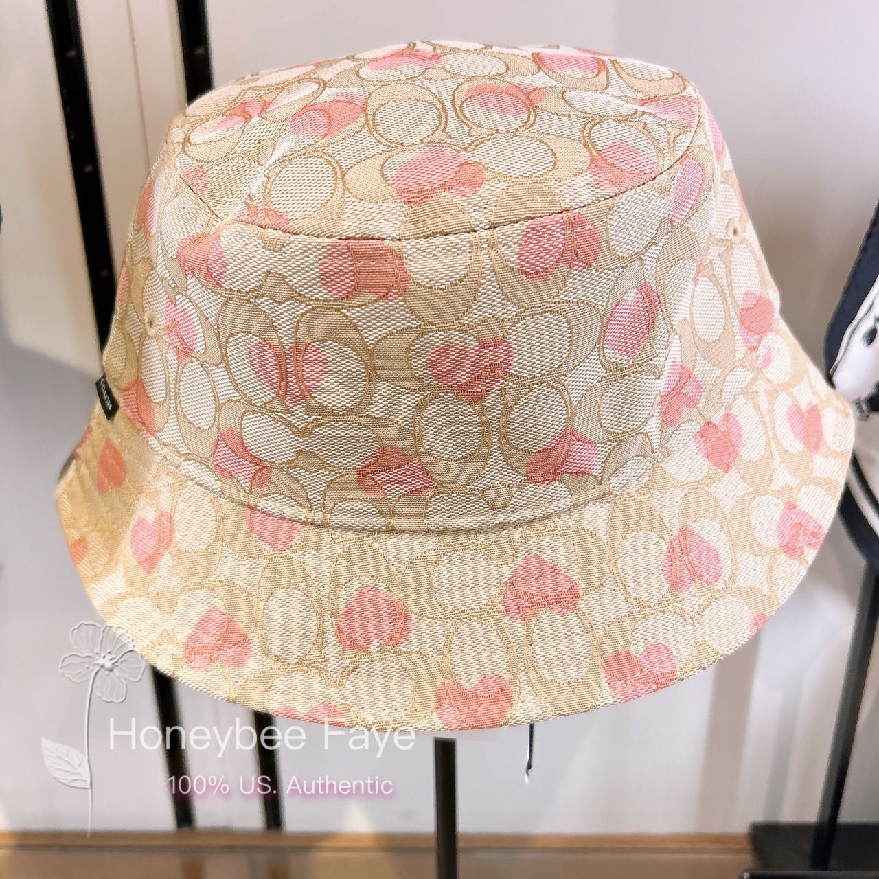 image of Coach Women's Signature Heart Print Bucket Hat Cp354 in Light Khaki/Pink