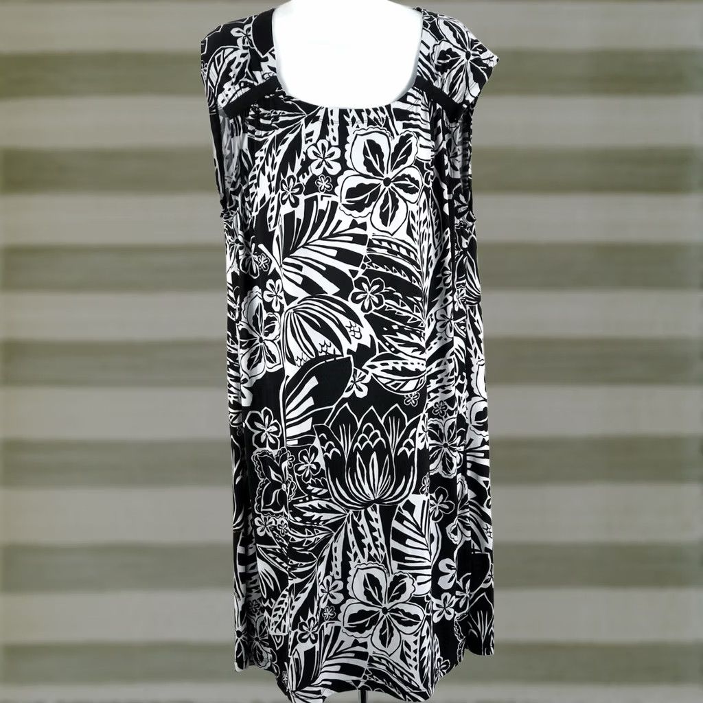 Vintage Vintage Peck & Peck Floral Cap Sleeve Midi Dress XL Black Gray Short Sleeve Scoop Neck Stretch Retro Y2K Dress Women Size XL / US 12-14 / IT 48-50 - 1 Thumbnail