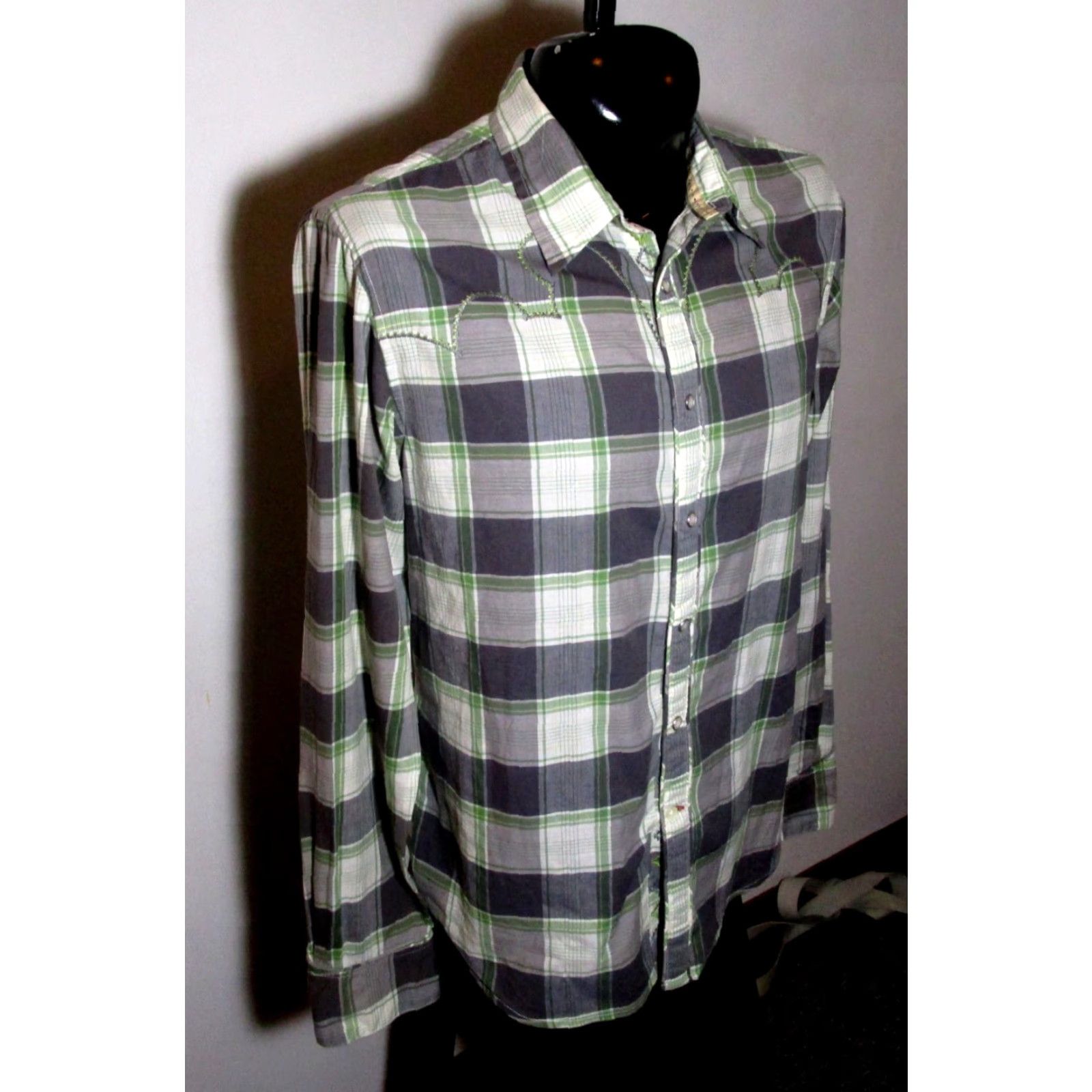 Guess GUESS Western Shirt Button-Up Size L Green Gray Knit 100% Cotton Long Sleeve Plaids & Checks Mens Vintage No N/A Size US L / EU 52-54 / 3 - 3 Thumbnail