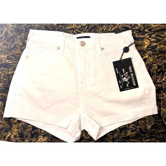 True Religion True Religion Womens White MId Rise Cuffed Raw Hem Short Jea Size 33" - 4 Thumbnail