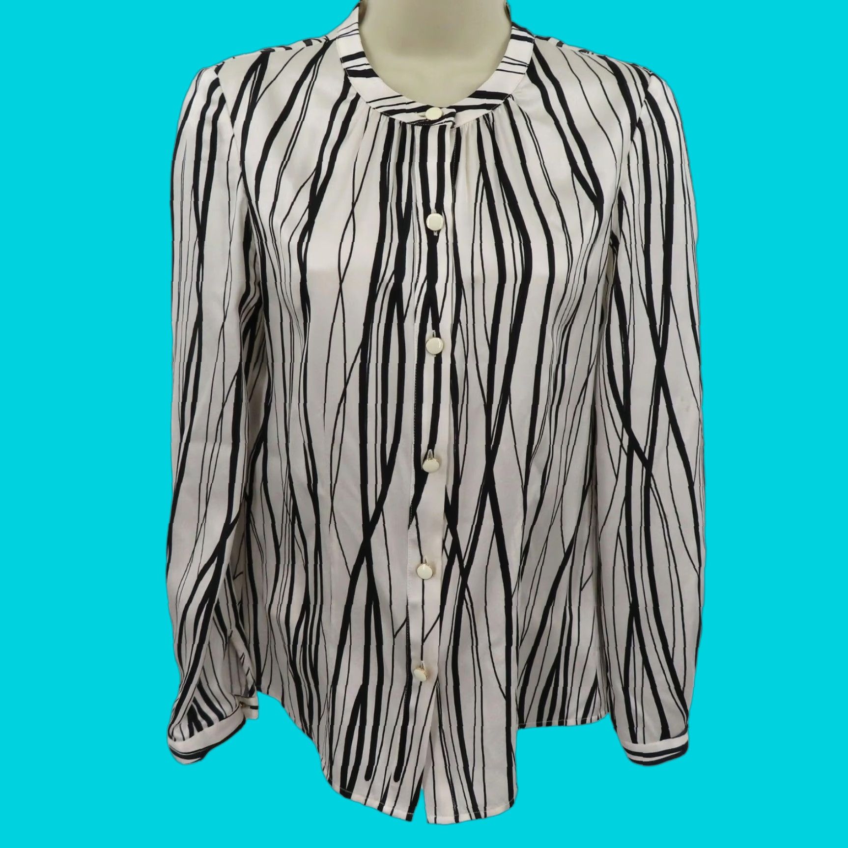 Vintage St John Collection Women 2 Black White Wavy Striped Button Blouse Silk Blend Shirt Size XS / US 0-2 / IT 36-38 - 1 Thumbnail