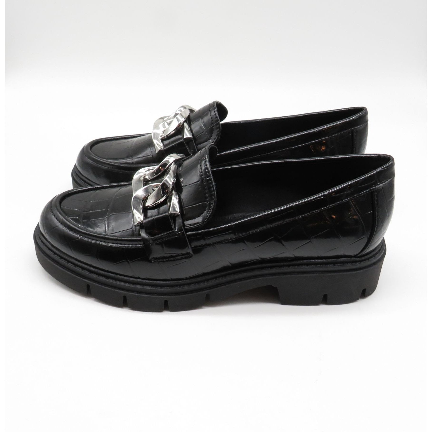Marc Fisher Marc Fisher Corel Womens Black Croc-Embossed Loafers Chain D Size US 8 / IT 38 - 5 Thumbnail