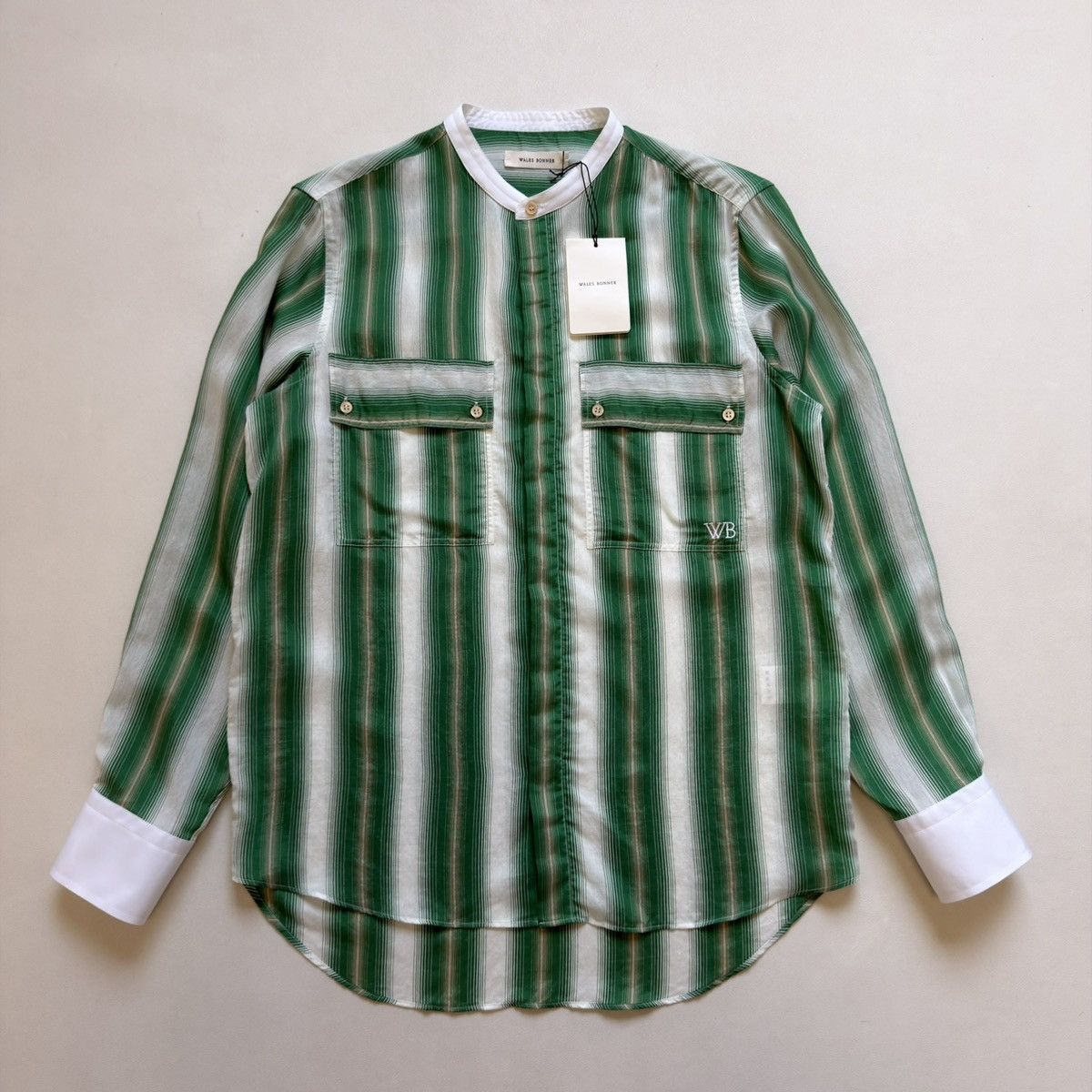 Wales Bonner ‘Cadence’ Green And Ivory Striped Shirt Size US M / EU 48-50 / 2 - 2 Thumbnail
