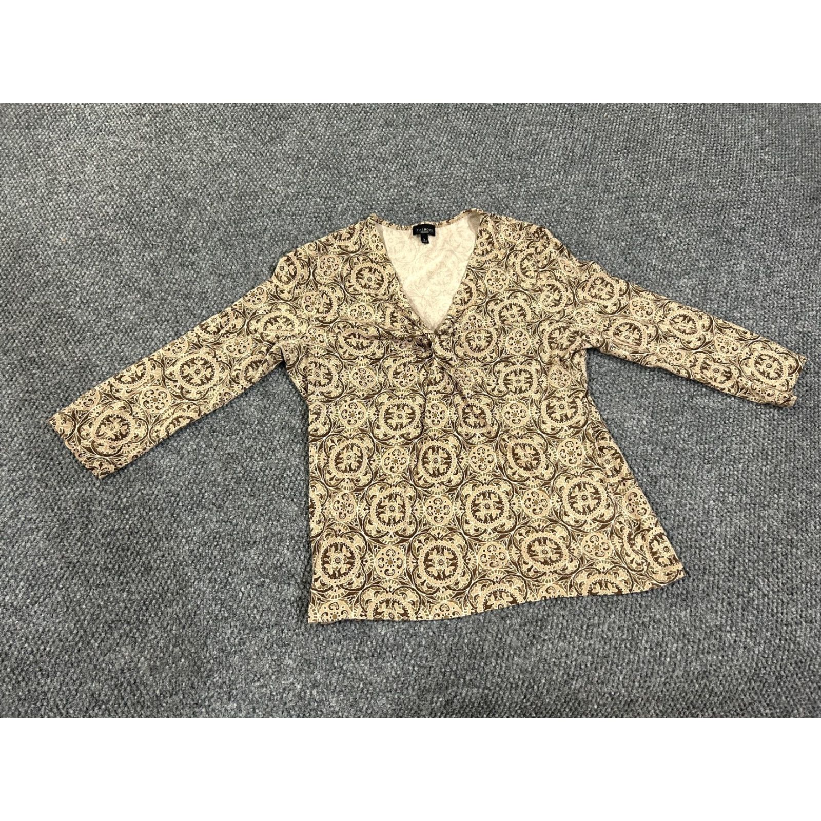 Talbots Talbots Blouse Shirt Womens L Tan Brown Medallion Boho V-Neck Stretch Long Sleeve Knit Cotton Spandex Solid Regular Basic Casual Vintage No Size L / US 10 / IT 46 - 2 Thumbnail