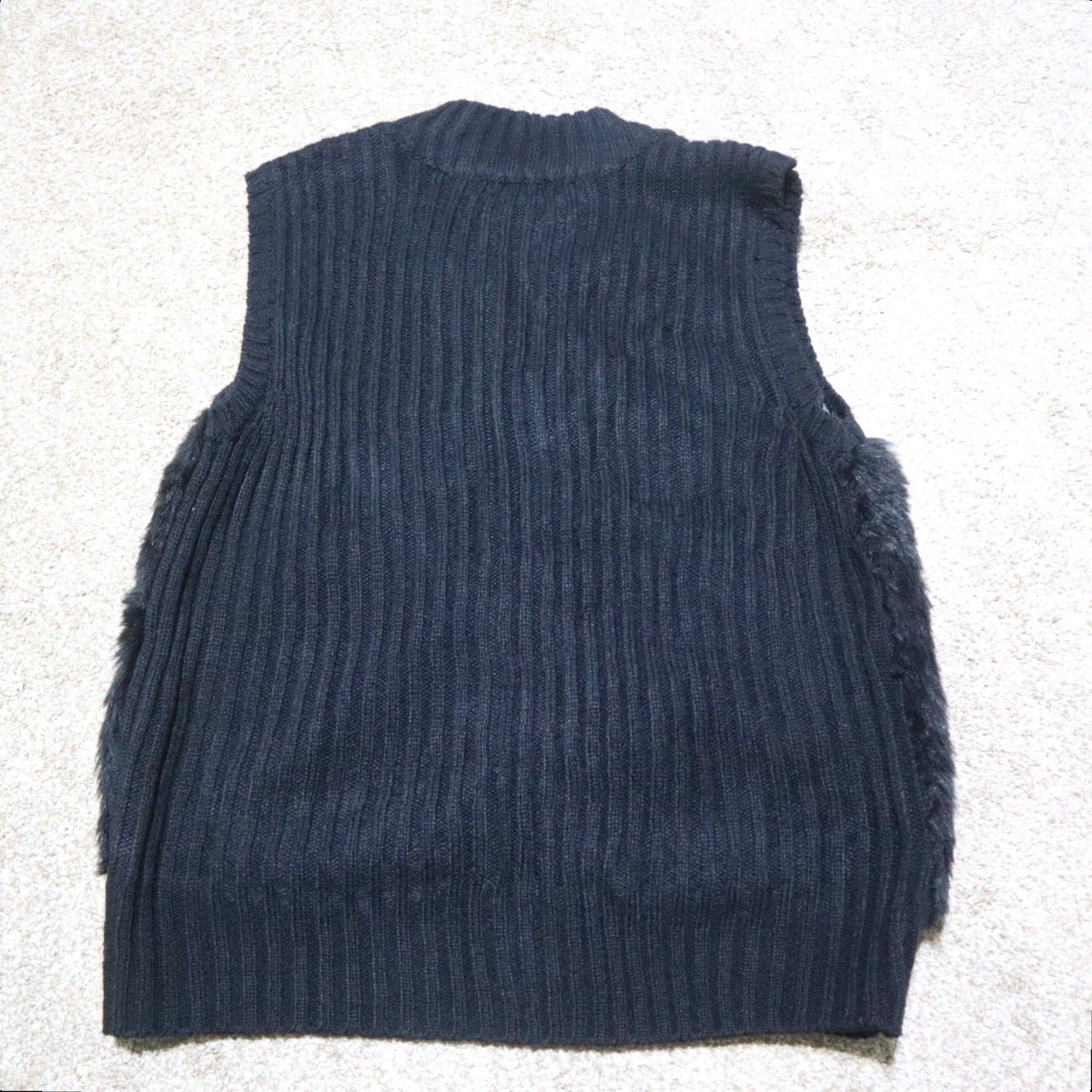 Vintage Kim Rogers Vest Women PL Black Faux Fur Knit Back Ribbed Stretch Zip Size L / US 10 / IT 46 - 8 Thumbnail