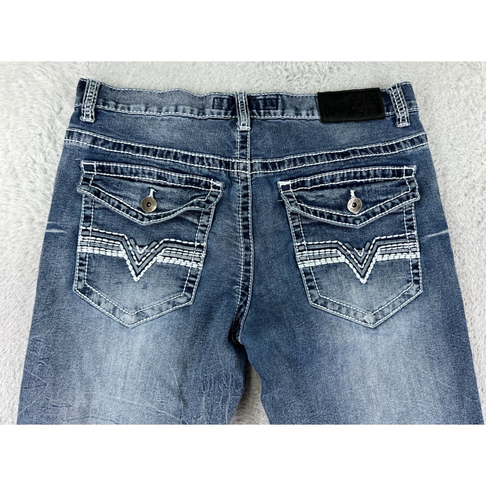 Vintage True Luck Jeans Womens 32 Blue Denim Straight Leg Bootcut 5-Pocket Embroidered Sequin Logo Size 24" / US 00 / IT 34 - 2 Thumbnail