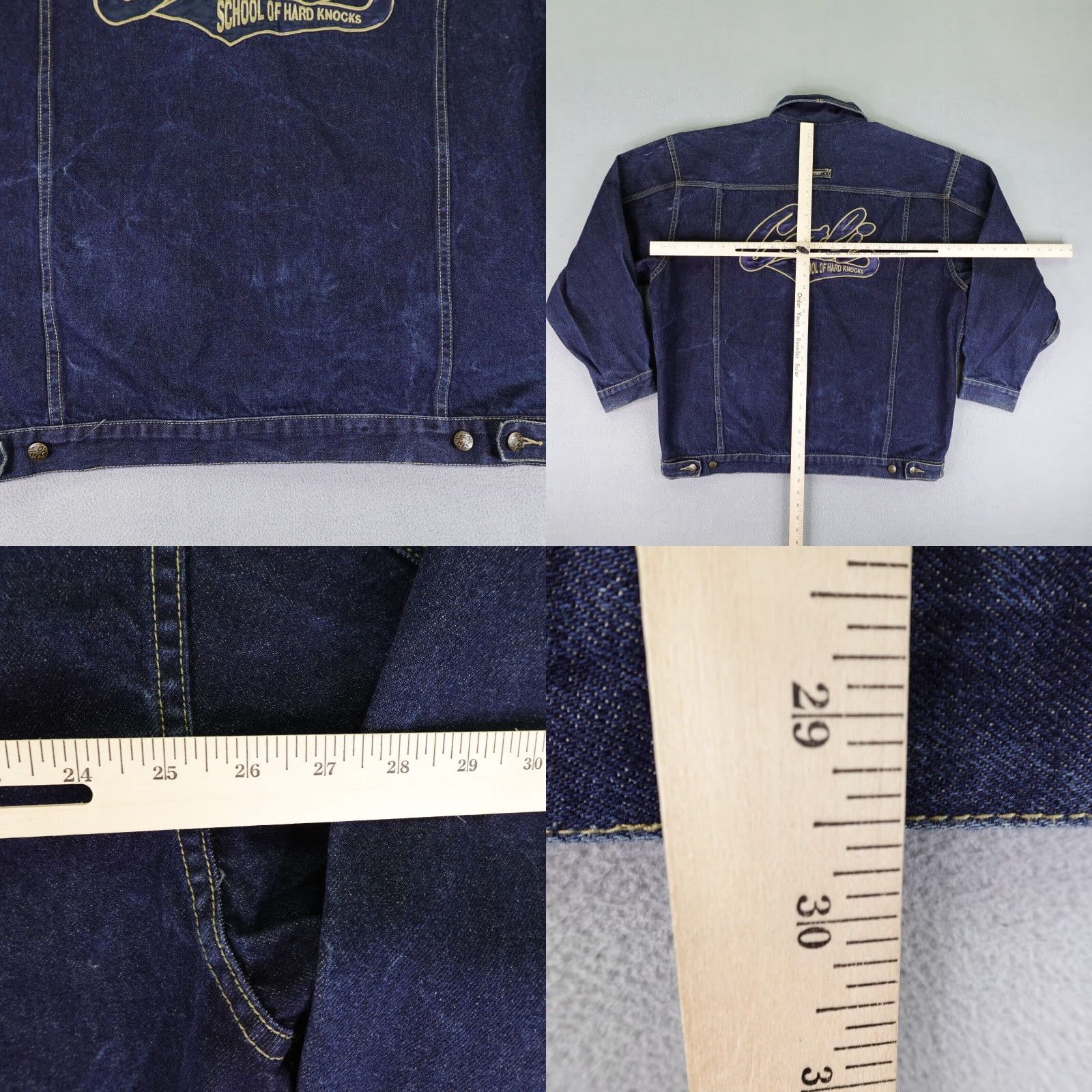 Denime VINTAGE School Of Hard Knocks Jacket 3XL Blue Denim 90s Mens Size US 39 - 8 Thumbnail