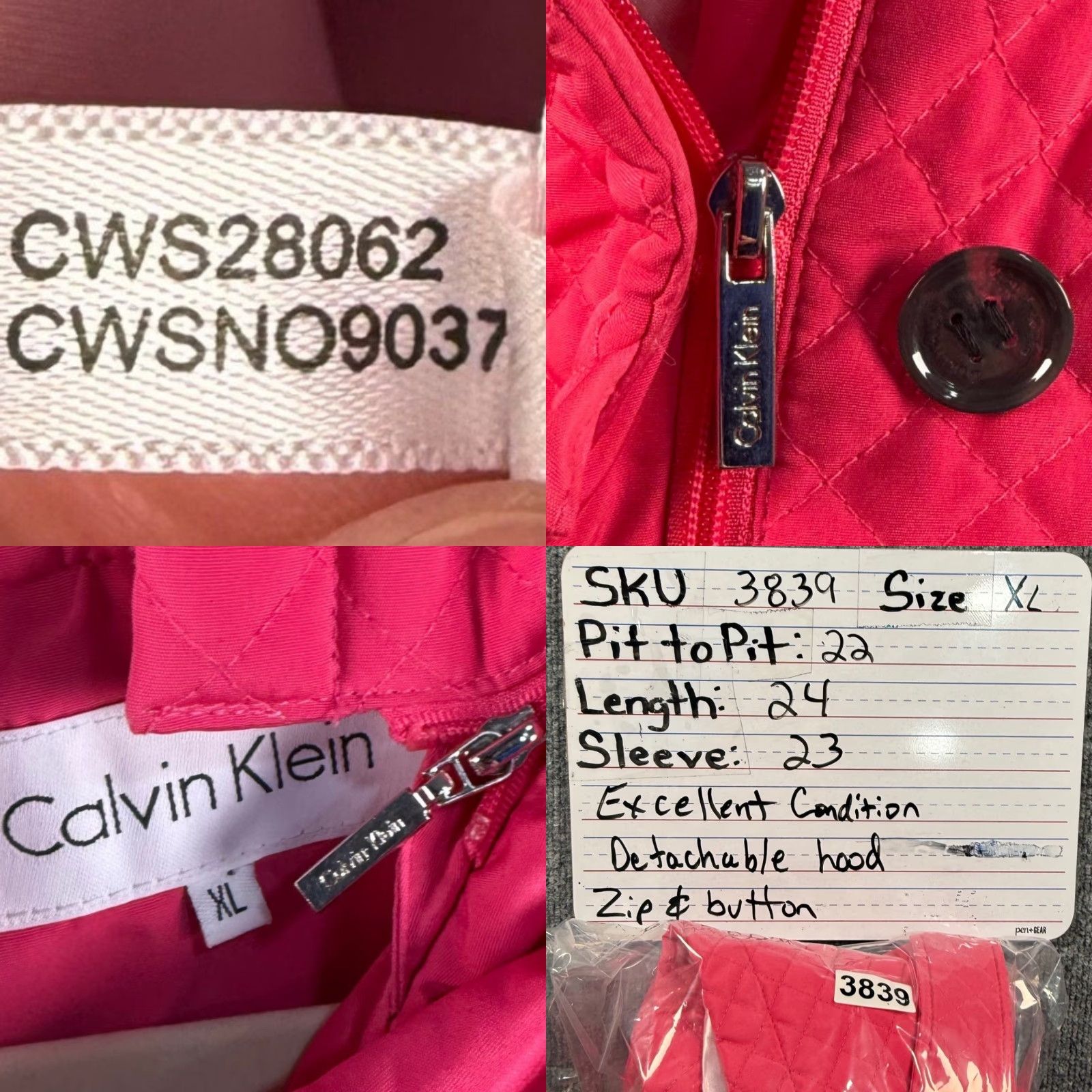 Calvin Klein Calvin Klein Women XL Quilted Jacket Detachable Hood Pink Barbi(e)core EUC Size XL / US 12-14 / IT 48-50 - 8 Thumbnail