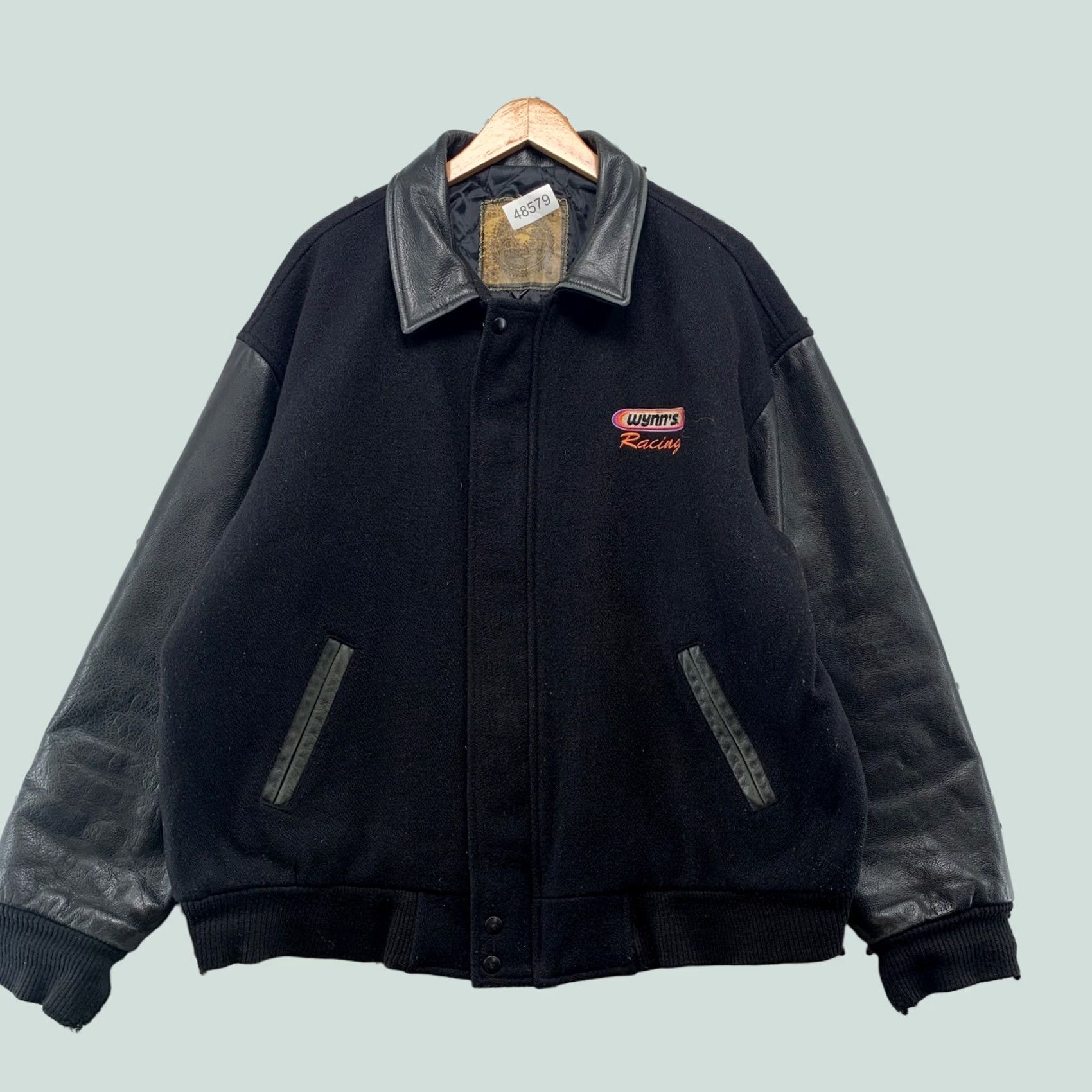 Vintage VINTAGE Saxon Leather Wynns Racing Jacket Mens L Black 90s Wool Varsity Jacket Size US L / EU 52-54 / 3 - 1 Thumbnail