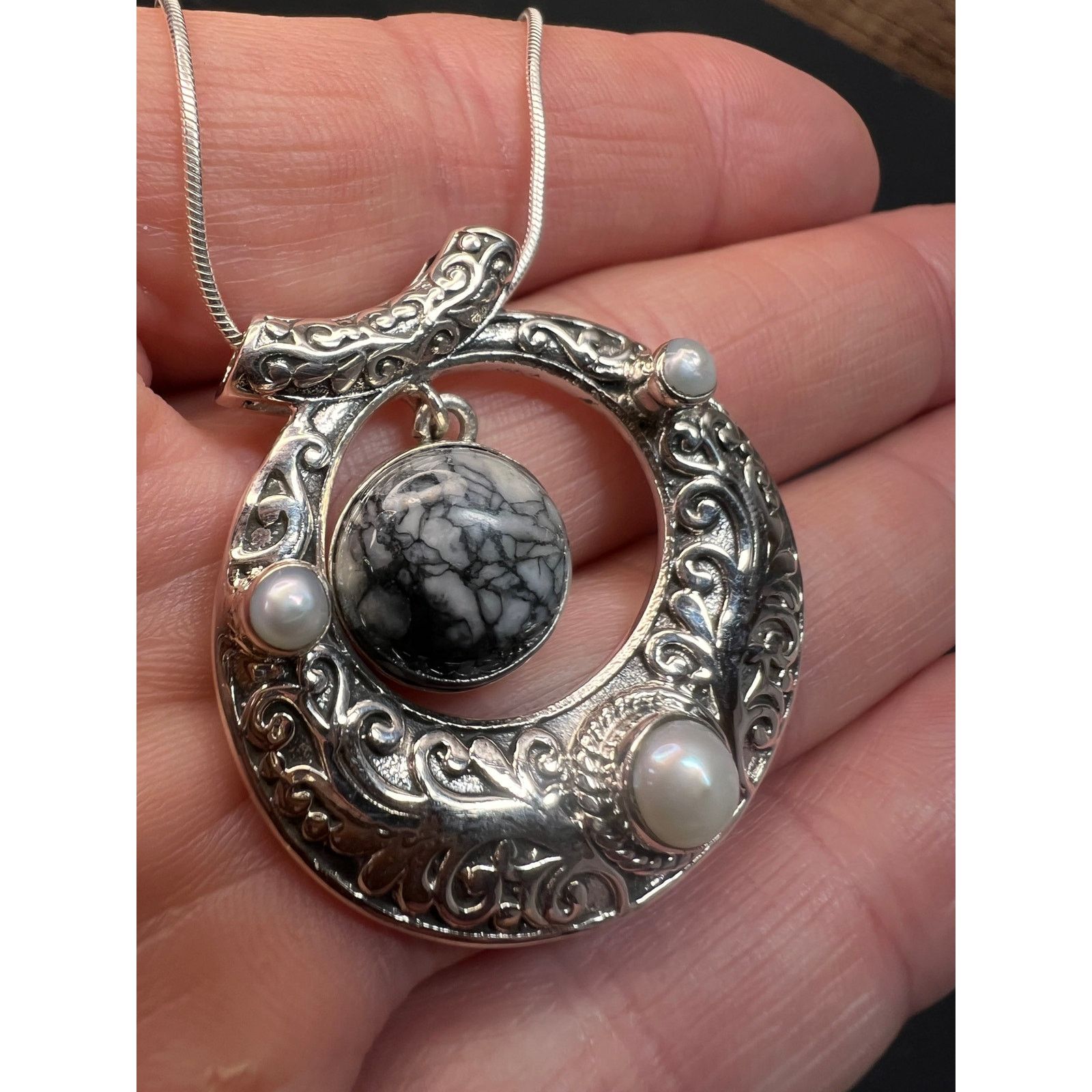 Other NEW Pinolith Jasper and pearl 925 sterling silver necklace Size ONE SIZE - 3 Thumbnail