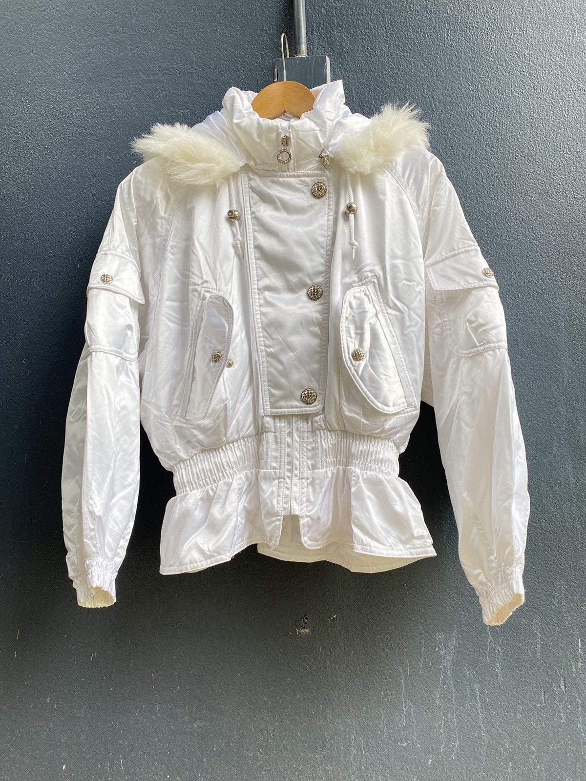 image of Courreges White Nylon Jacket With Fur Collar, Women's (Size Large)