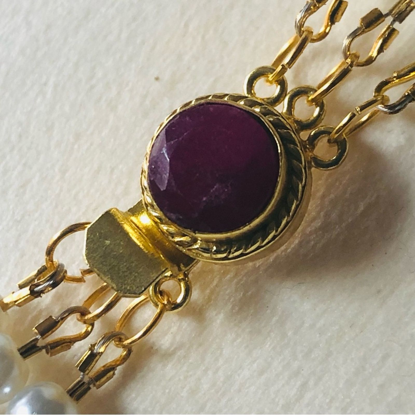 Handmade Handcrafted triple strand pearl genuine ruby clasp necklace Size ONE SIZE - 9 Thumbnail
