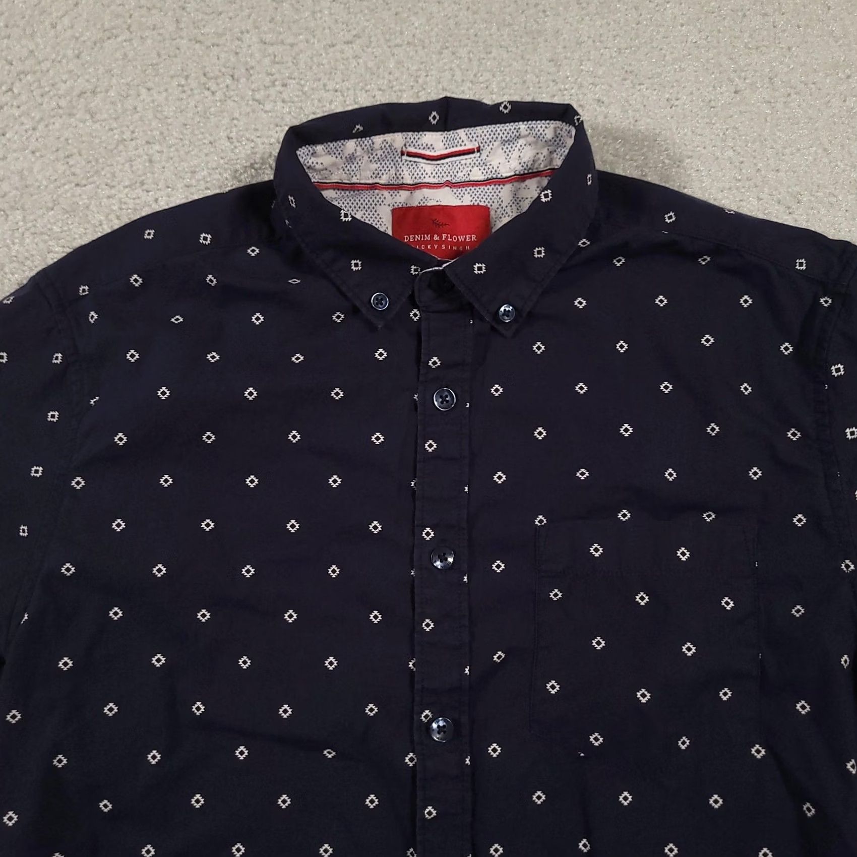 Denime Denim & Flower Shirt Mens Small Slim Fit Short Sleeve Button-Up Pattern Geometric Navy Blue Casual Size US S / EU 44-46 / 1 - 3 Thumbnail