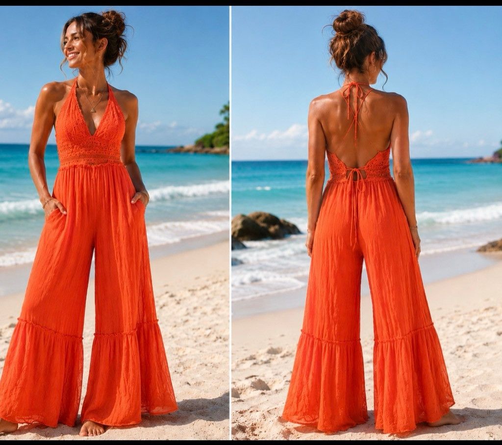 Fashion Nova Women's Fashion Nova Orange Crochet Halter Wide Leg Jumpsuit Size 34" / US 12 / IT 48 - 1 Thumbnail