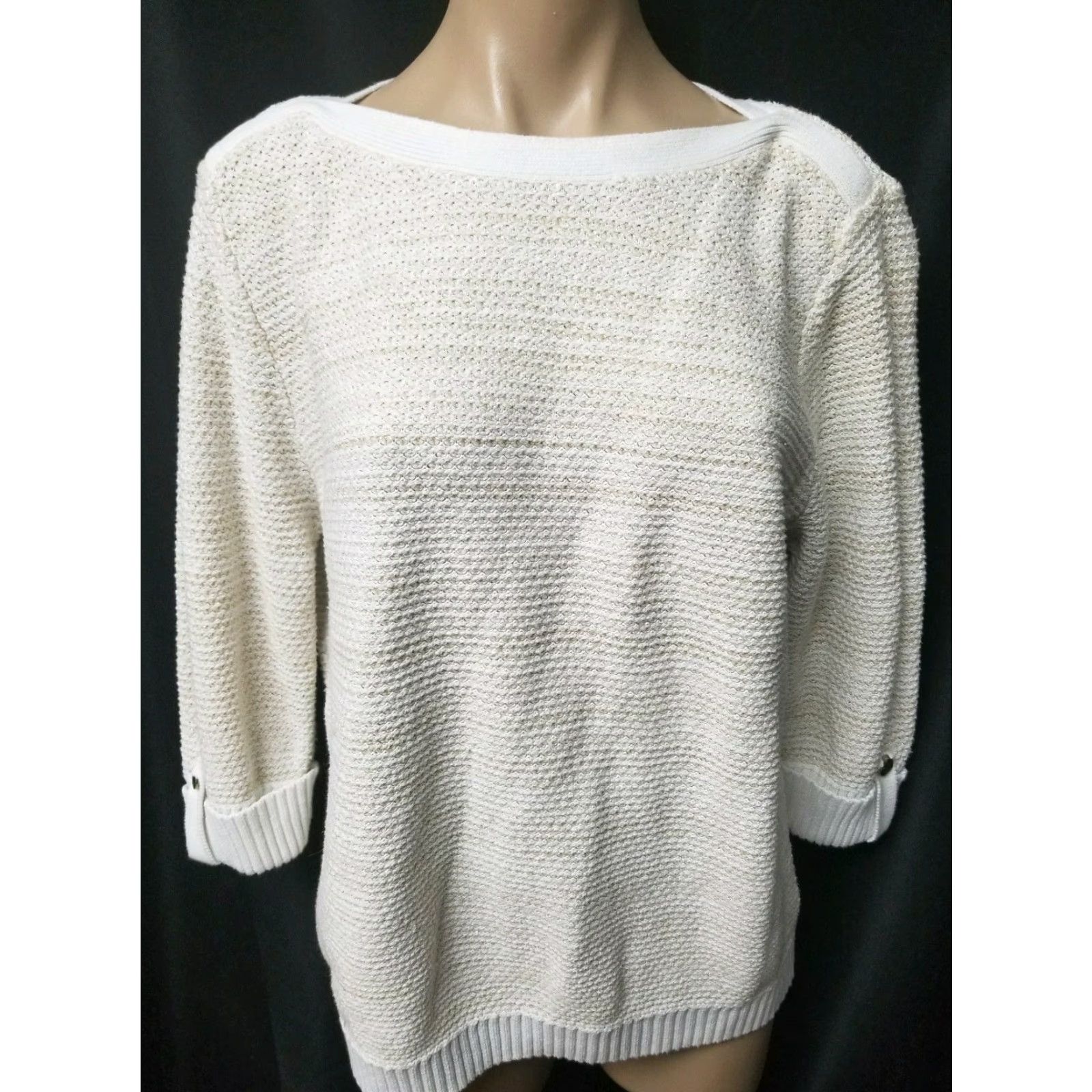 Vintage Karen Scott Knit Pullover Sweater XL Ivory Beige Metallic Gold Threading Women, Cable Knit, Casual Size XL / US 12-14 / IT 48-50 - 2 Thumbnail