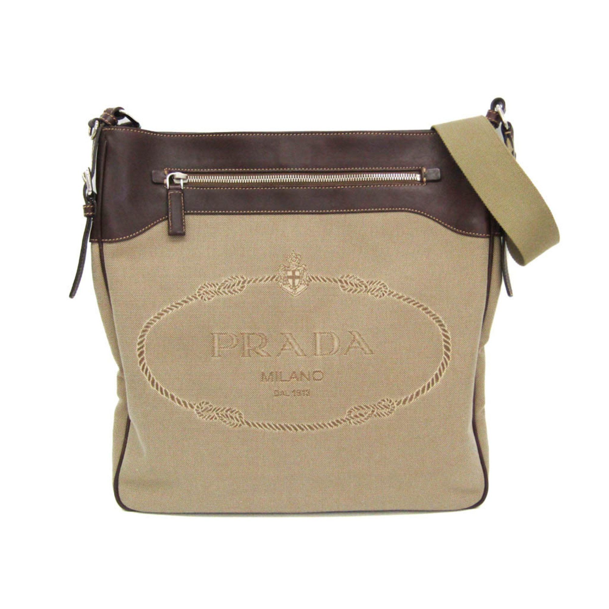 Prada Prada VA0649 Women,Men Leather,Jacquard Shoulder Bag Beige,Dark Brown Size ONE SIZE - 1 Thumbnail