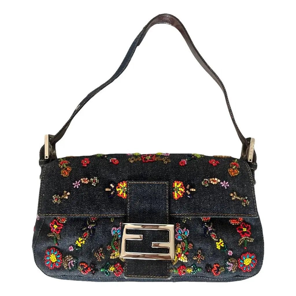 Fendi Floral Denim Embroidery Beaded Baguette Bag, Women's