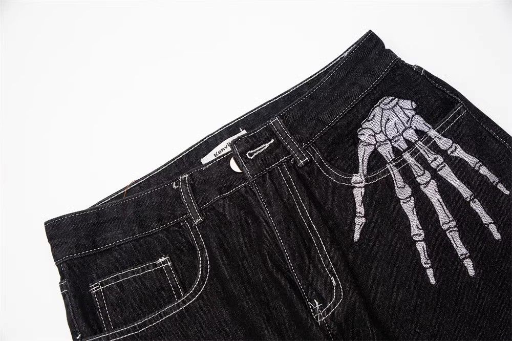 Japanese Brand × Jean Black skeleton embroidery trendy loose wide-leg jeans Size US 34 / EU 50 - 5 Thumbnail