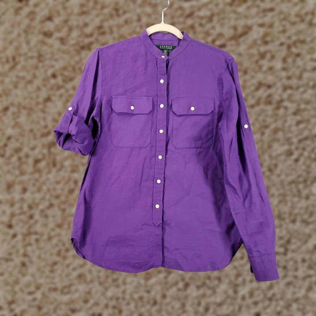 Ralph Lauren Ralph Lauren Linen Top Womens Small Purple Band Collar Button Up 100% Linen Shirt Ladies Slim? Size S / US 4 / IT 40 - 1 Thumbnail