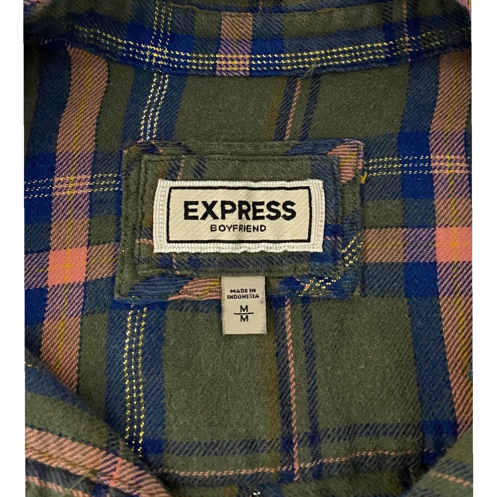 Express VINTAGE Express Boyfriend Plaid Flannel Shirt Women Medium Green Pink Metallic Thread Size M / US 6-8 / IT 42-44 - 4 Thumbnail