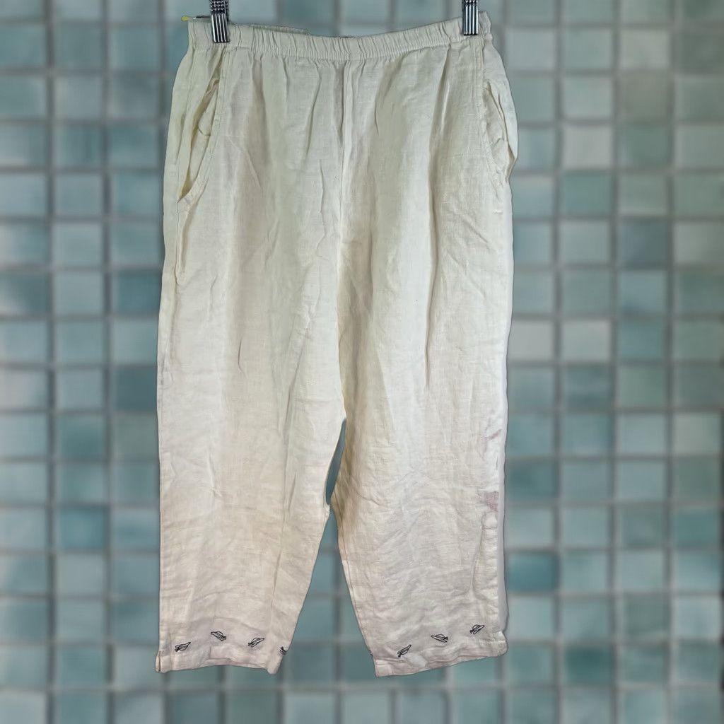 Vintage VINTAGE Aegean Linen Pants Womens Size S White 26X22 Embroidered Capri High Rise Straight Leg Pockets Beach Theme Size 28" / US 6 / IT 42 - 1 Thumbnail