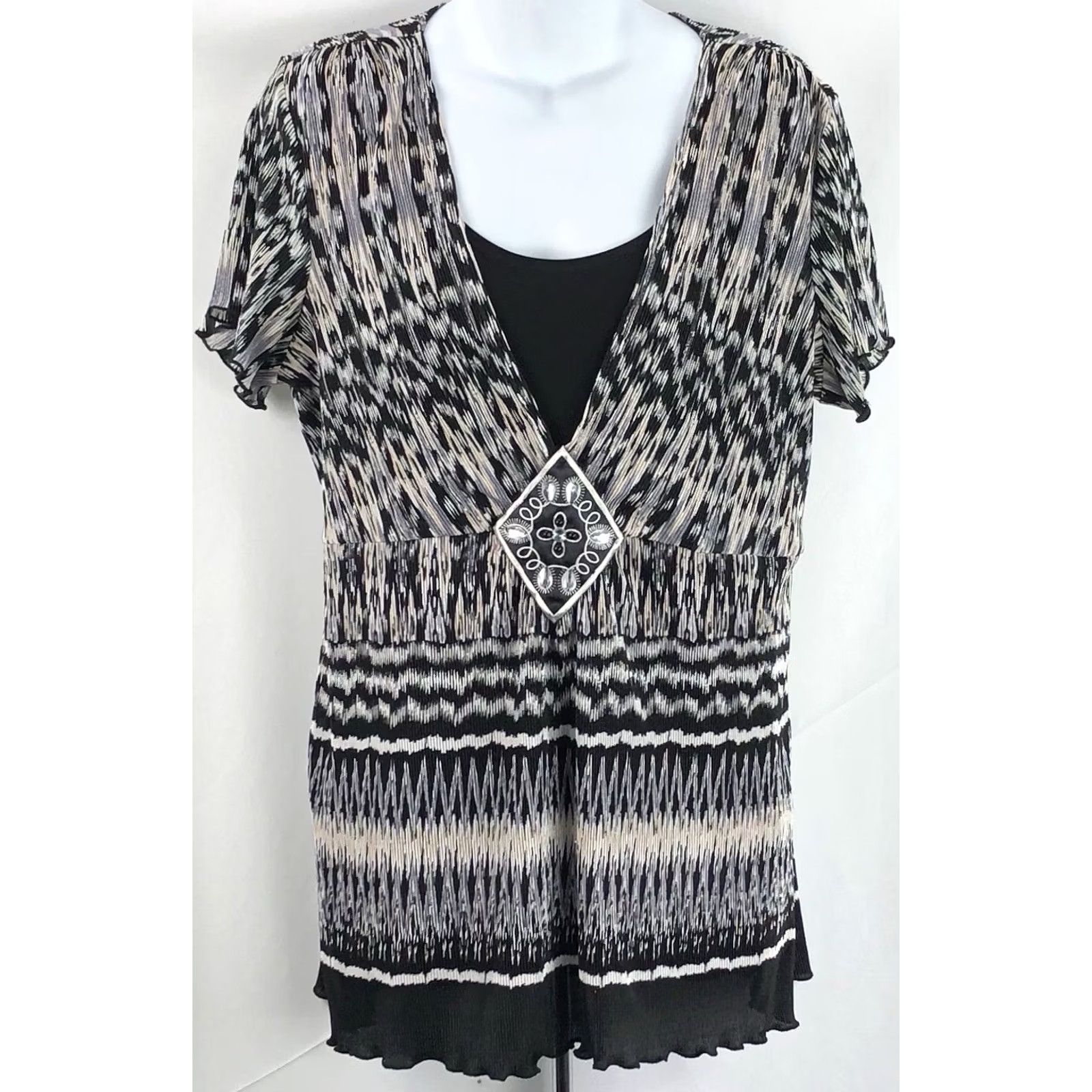 Element VINTAGE Elementz Tunic Blouse Shirt Geometric Beaded Pleated Ruffles Short Sleeve XL Gray Womens Bohemian 90s Y2K Size XL / US 12-14 / IT 48-50 - 5 Thumbnail