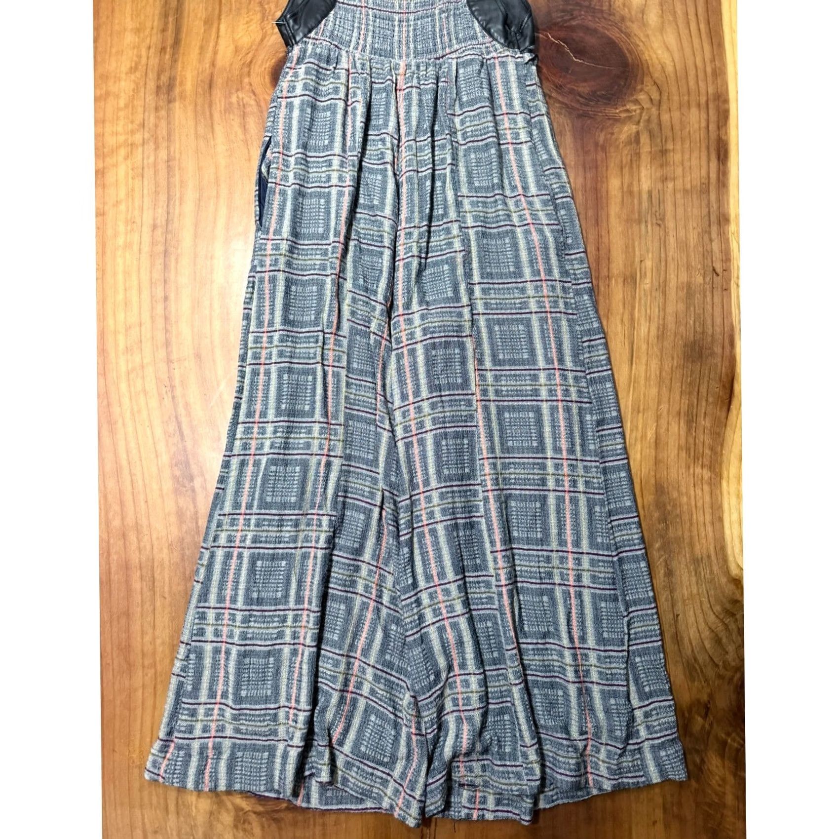 Free People Free People Jumpsuit Plaid Knit Viscose Wide-Leg Sleeveless Square Neck M Gray Bohemian Casual Activewear Womens Size 32" / US 10 / IT 46 - 6 Thumbnail