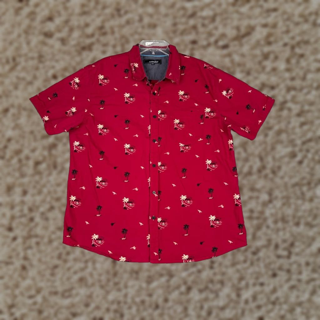 Vintage Coastal Shirt Men 2XL Red Palm Tree Hawaiian 100% Cotton Button-Up Short Sleeve Beach Floral Slim Fit Navyline? Size US XXL / EU 58 / 5 - 1 Thumbnail