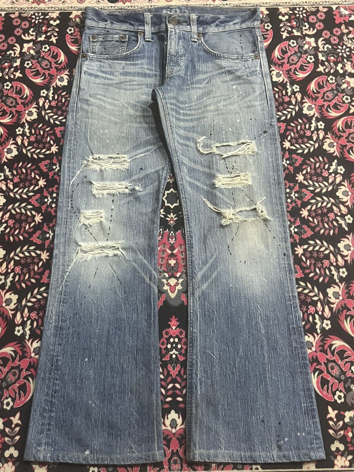 Tornado Mart Edwin 503 Blue Trip Distressed Paint Splattered Flare Jeans Size US 28 / EU 44 - 1 Thumbnail