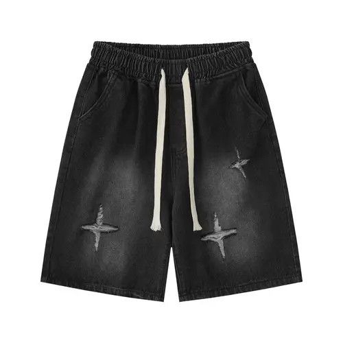 Star embroidered washed denim shorts