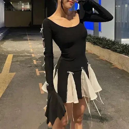 black mini autumn dresses Elegant Patchwork Black Mini Dress for Chic Autumn – Kawaii Stop main image 1