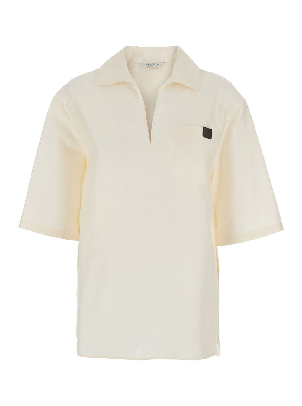 Max Mara 'Osiride' White Shirt with V-Neck and Logo Patch on the Front in Linen and Silk Blend Woman Size M / US 6-8 / IT 42-44 - 1 Thumbnail