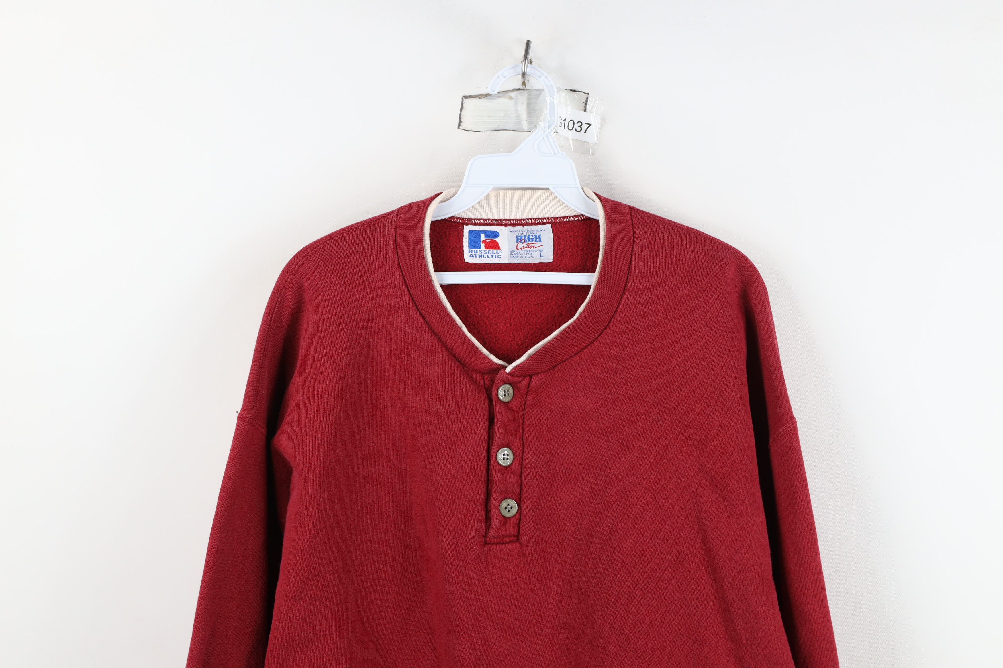 Russell Athletic Vintage 90s Russell Athletic Blank Henley Sweatshirt Red USA Size US L / EU 52-54 / 3 - 2 Thumbnail