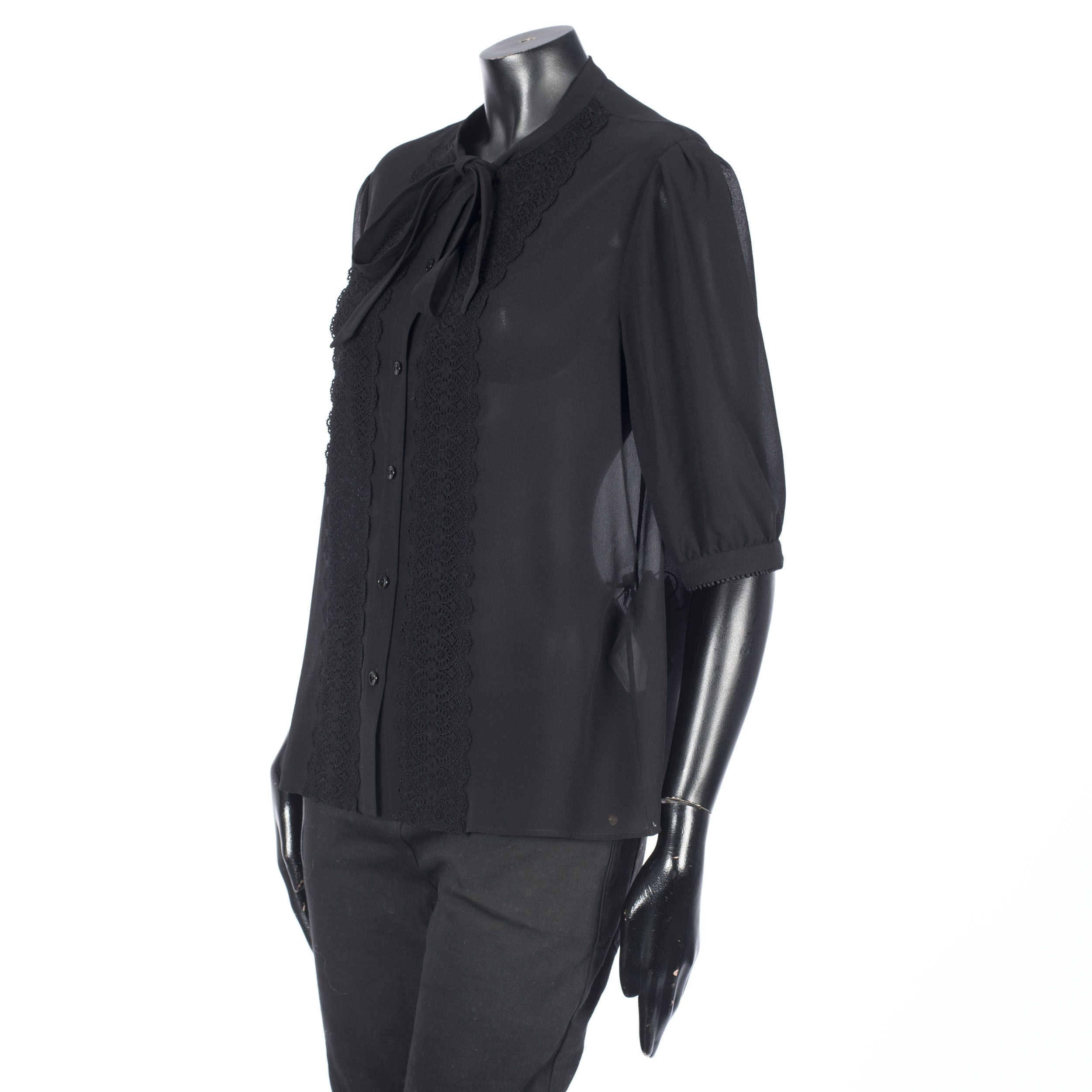 Celine Black Frilled Blouse In Silk Crêpe Size L / US 10 / IT 46 - 2 Thumbnail
