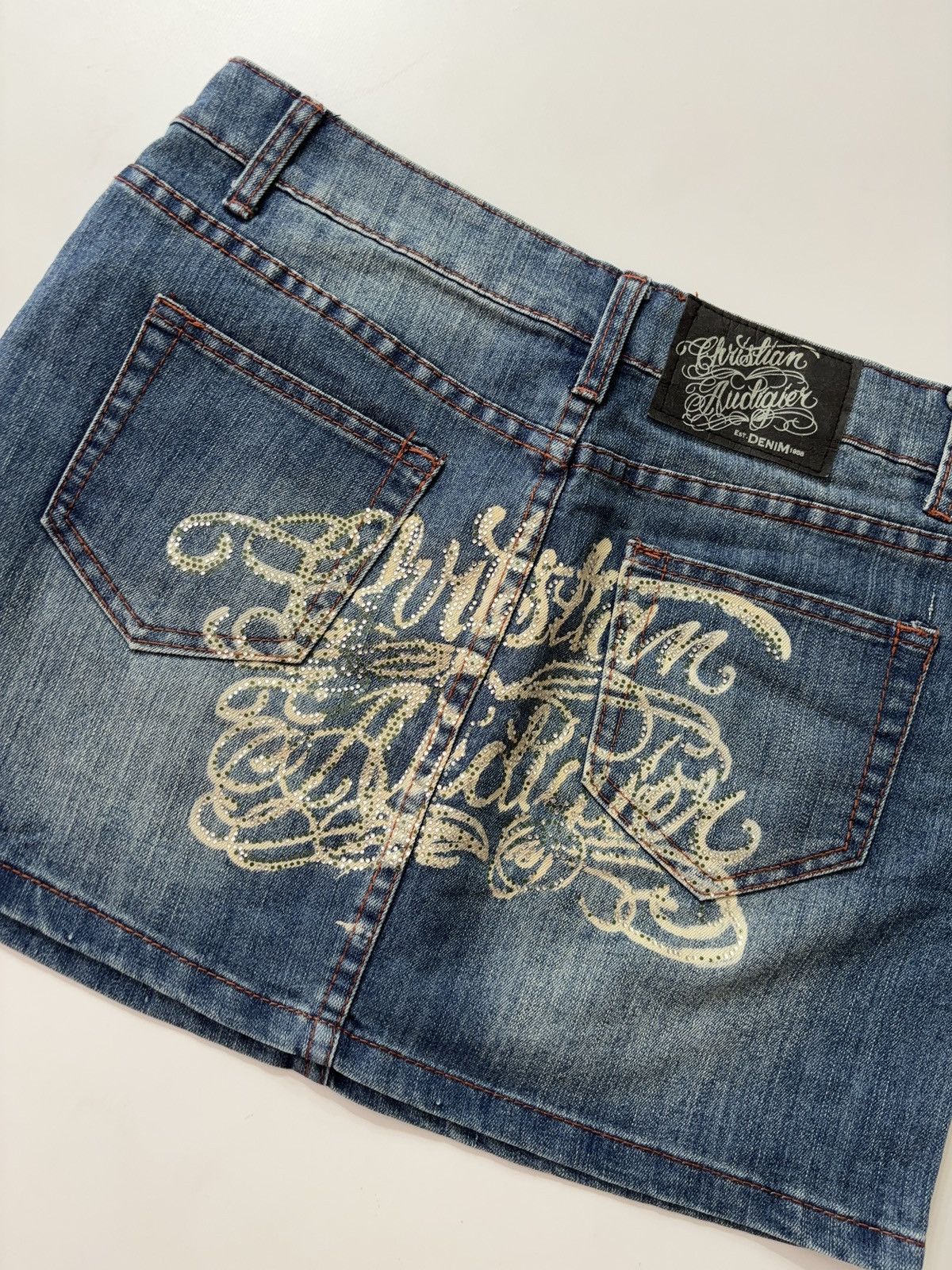 Christian Audigier × Designer × Vintage RARE CHRISTIAN AUDIGIER VINTAGE DENIM PRINTED MINI SKIRT 00s Size 30" / US 8 / IT 44 - 6 Thumbnail