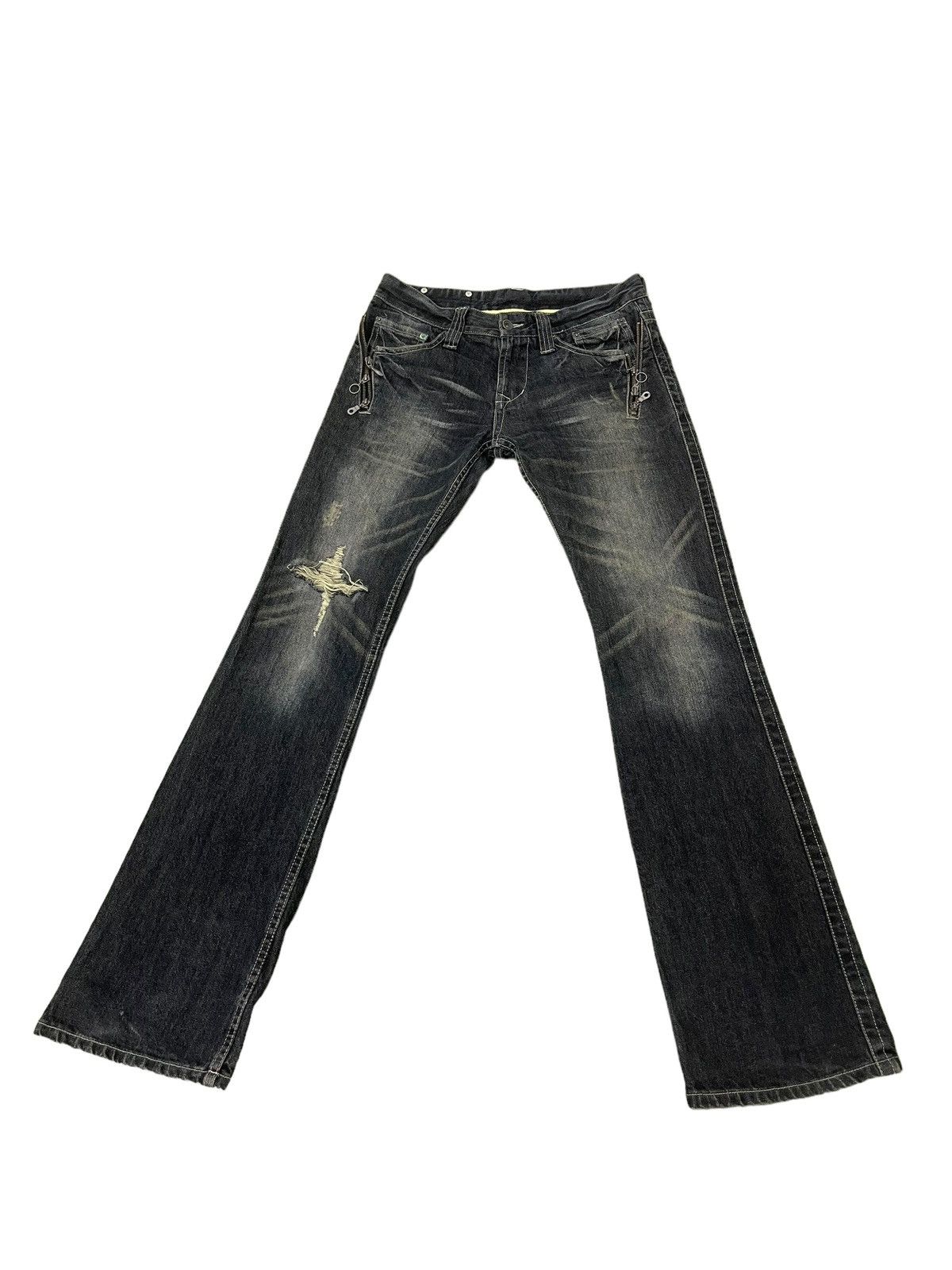 Japanese Brand Flare Jeans Semantic Design Faded Distress Boot Cut 8🟦8 Size US 31 - 2 Thumbnail